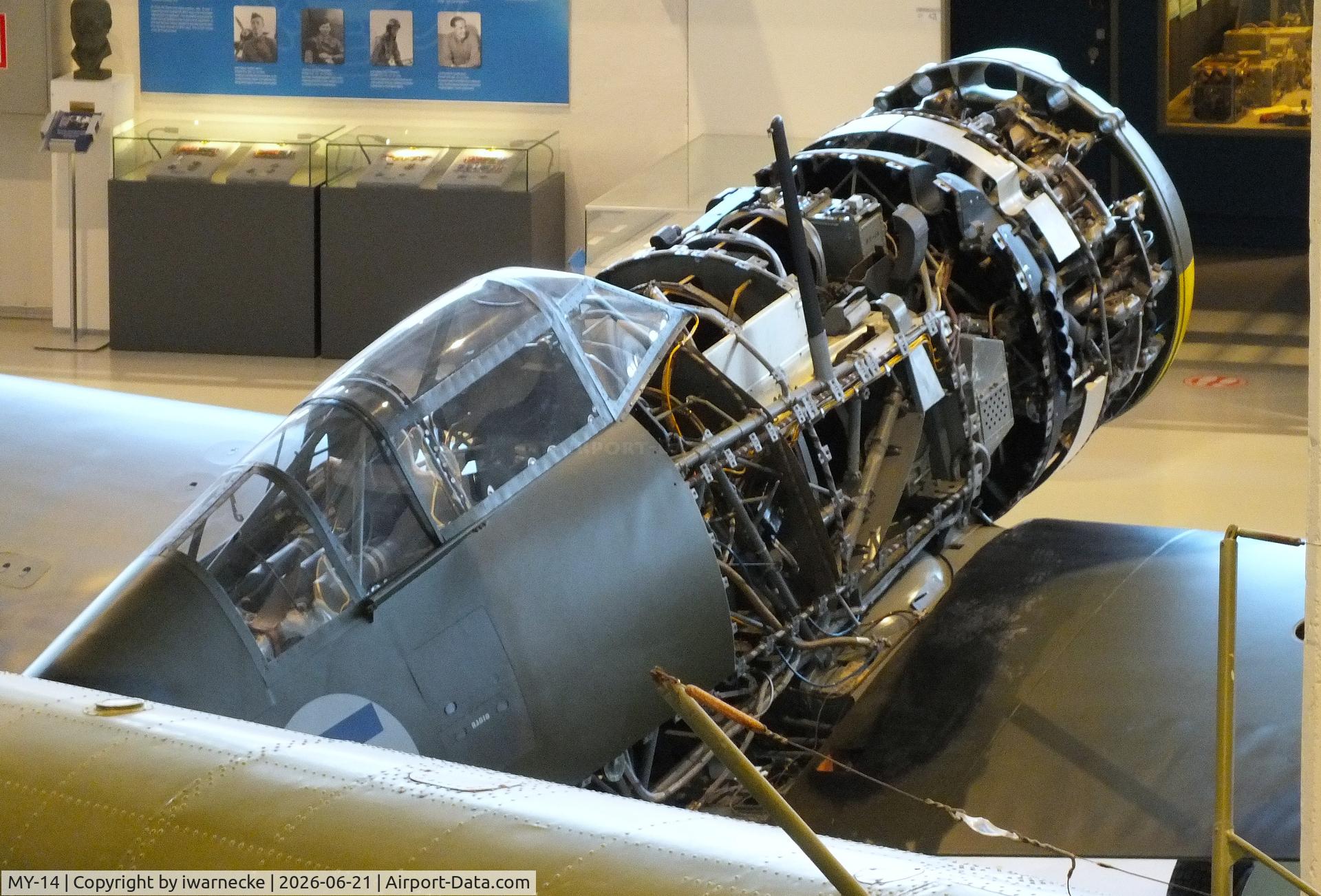 Aircraft MY-14, 1942 VL Myrsky II, c/n II-10, Valtion lentokonetehdas VL Myrsky II (without front fuselage cowlings/control surfaces/prop) at the Suomen Ilmavoimamuseo (Finnish Air Force Museum, formerly known as Keski-Suomen Ilmailumuseo / Aviation Museum of Central Finland), Jyväskylä-Tikkakoski, photo by iwarnecke