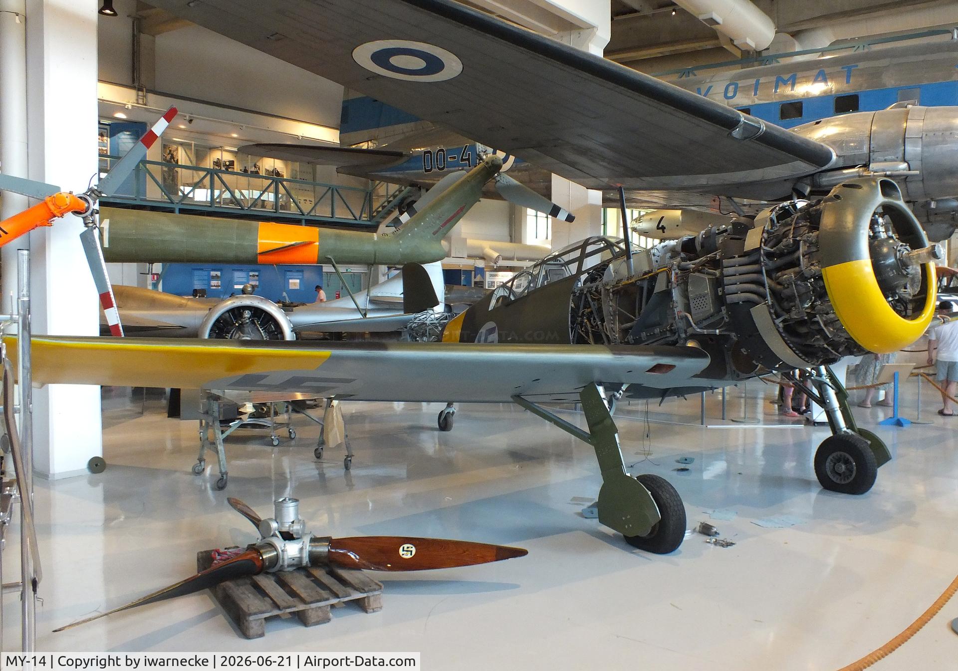 Aircraft MY-14, 1942 VL Myrsky II, c/n II-10, Valtion lentokonetehdas VL Myrsky II (without front fuselage cowlings/control surfaces/prop) at the Suomen Ilmavoimamuseo (Finnish Air Force Museum, formerly known as Keski-Suomen Ilmailumuseo / Aviation Museum of Central Finland), Jyväskylä-Tikkakoski, photo by iwarnecke