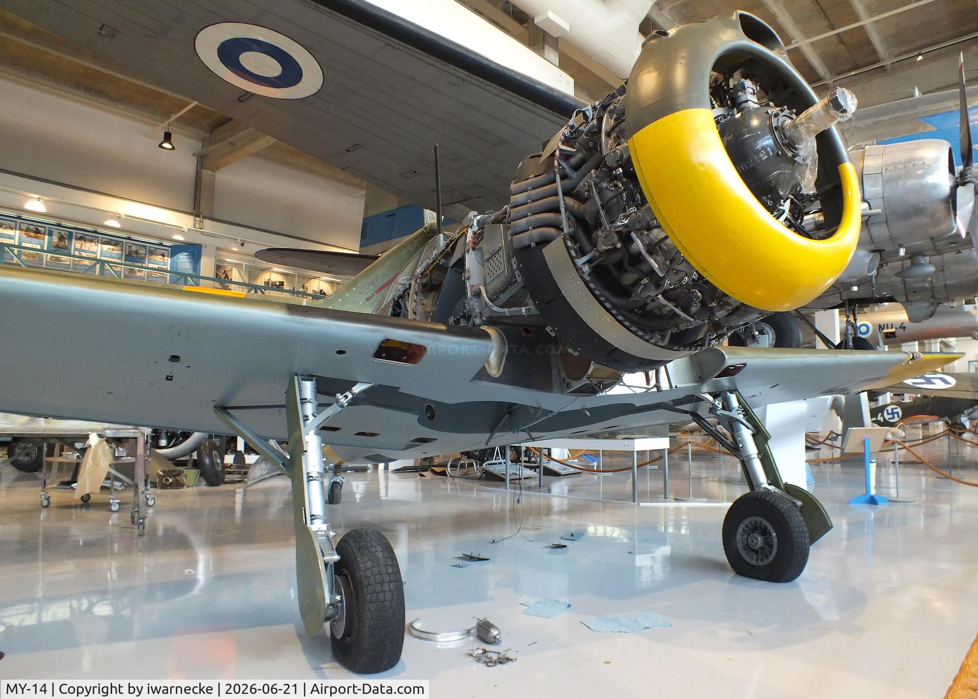 Aircraft MY-14, 1942 VL Myrsky II, c/n II-10, Valtion lentokonetehdas VL Myrsky II (without front fuselage cowlings/control surfaces/prop) at the Suomen Ilmavoimamuseo (Finnish Air Force Museum, formerly known as Keski-Suomen Ilmailumuseo / Aviation Museum of Central Finland), Jyväskylä-Tikkakoski, photo by iwarnecke