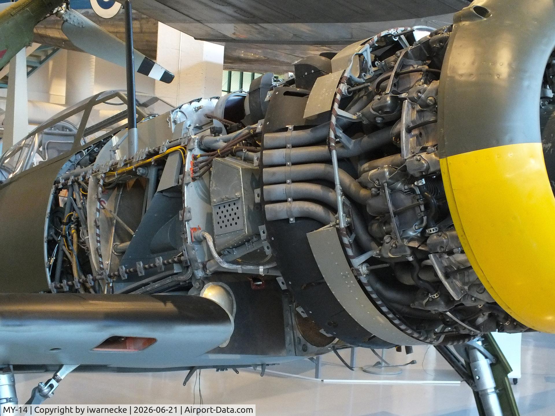 Aircraft MY-14, 1942 VL Myrsky II, c/n II-10, Valtion lentokonetehdas VL Myrsky II (without front fuselage cowlings/control surfaces/prop) at the Suomen Ilmavoimamuseo (Finnish Air Force Museum, formerly known as Keski-Suomen Ilmailumuseo / Aviation Museum of Central Finland), Jyväskylä-Tikkakoski, photo by iwarnecke