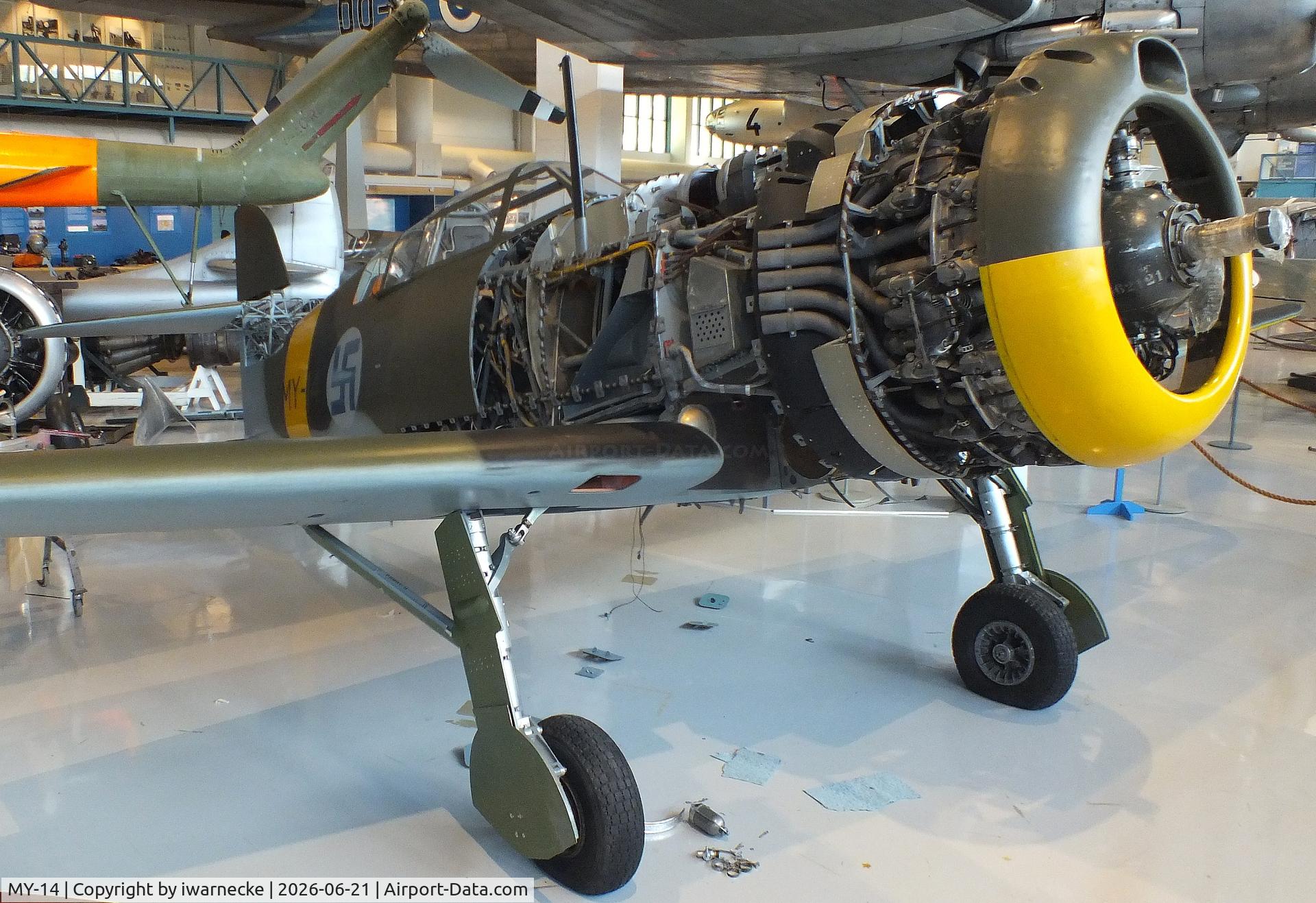 Aircraft MY-14, 1942 VL Myrsky II, c/n II-10, Valtion lentokonetehdas VL Myrsky II (without front fuselage cowlings/control surfaces/prop) at the Suomen Ilmavoimamuseo (Finnish Air Force Museum, formerly known as Keski-Suomen Ilmailumuseo / Aviation Museum of Central Finland), Jyväskylä-Tikkakoski, photo by iwarnecke