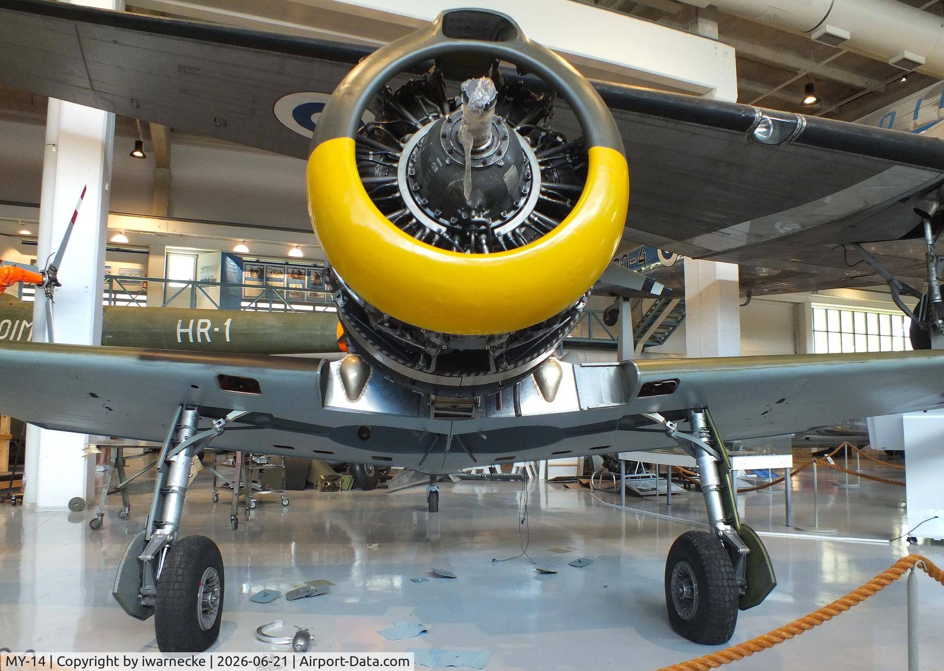 Aircraft MY-14, 1942 VL Myrsky II, c/n II-10, Valtion lentokonetehdas VL Myrsky II (without front fuselage cowlings/control surfaces/prop) at the Suomen Ilmavoimamuseo (Finnish Air Force Museum, formerly known as Keski-Suomen Ilmailumuseo / Aviation Museum of Central Finland), Jyväskylä-Tikkakoski, photo by iwarnecke