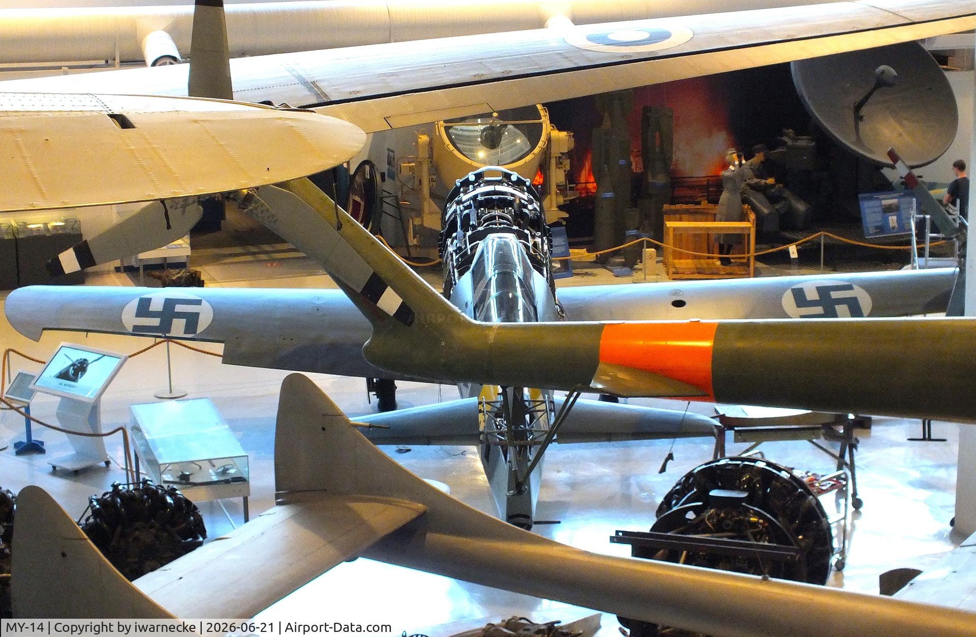Aircraft MY-14, 1942 VL Myrsky II, c/n II-10, Valtion lentokonetehdas VL Myrsky II (without front fuselage cowlings/control surfaces/prop) at the Suomen Ilmavoimamuseo (Finnish Air Force Museum, formerly known as Keski-Suomen Ilmailumuseo / Aviation Museum of Central Finland), Jyväskylä-Tikkakoski, photo by iwarnecke