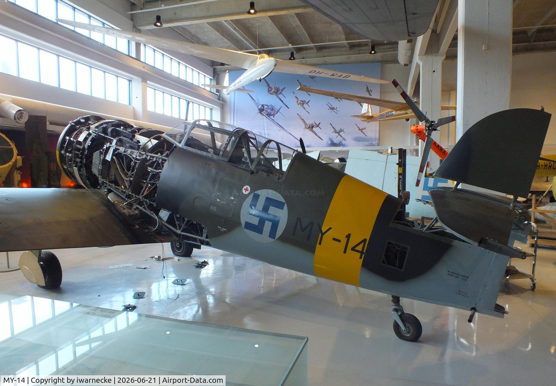 Aircraft MY-14, 1942 VL Myrsky II, c/n II-10, Valtion lentokonetehdas VL Myrsky II (without front fuselage cowlings/control surfaces/prop) at the Suomen Ilmavoimamuseo (Finnish Air Force Museum, formerly known as Keski-Suomen Ilmailumuseo / Aviation Museum of Central Finland), Jyväskylä-Tikkakoski, photo by iwarnecke