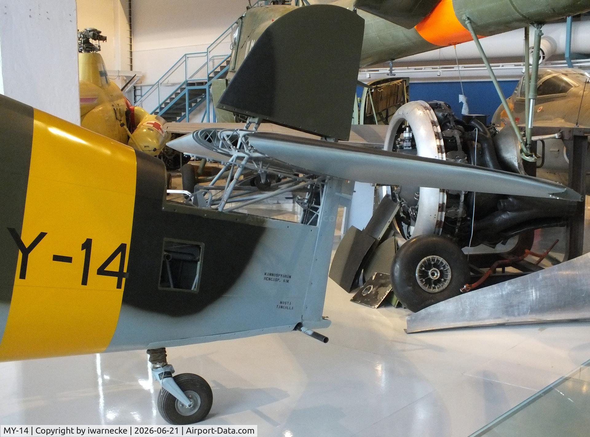 Aircraft MY-14, 1942 VL Myrsky II, c/n II-10, Valtion lentokonetehdas VL Myrsky II (without front fuselage cowlings/control surfaces/prop) at the Suomen Ilmavoimamuseo (Finnish Air Force Museum, formerly known as Keski-Suomen Ilmailumuseo / Aviation Museum of Central Finland), Jyväskylä-Tikkakoski, photo by iwarnecke