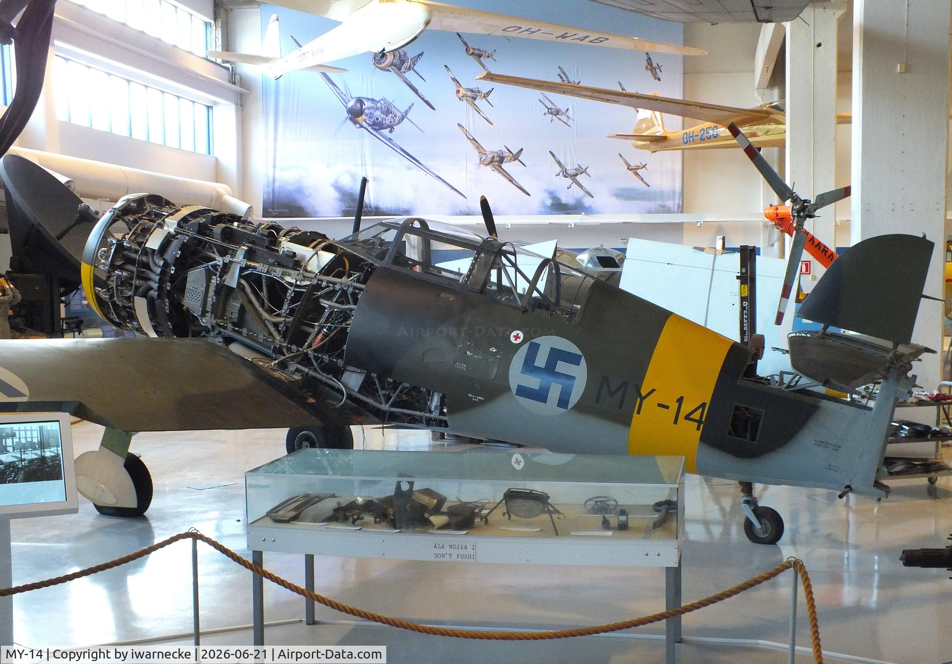 Aircraft MY-14, 1942 VL Myrsky II, c/n II-10, Valtion lentokonetehdas VL Myrsky II (without front fuselage cowlings/control surfaces/prop) at the Suomen Ilmavoimamuseo (Finnish Air Force Museum, formerly known as Keski-Suomen Ilmailumuseo / Aviation Museum of Central Finland), Jyväskylä-Tikkakoski, photo by iwarnecke