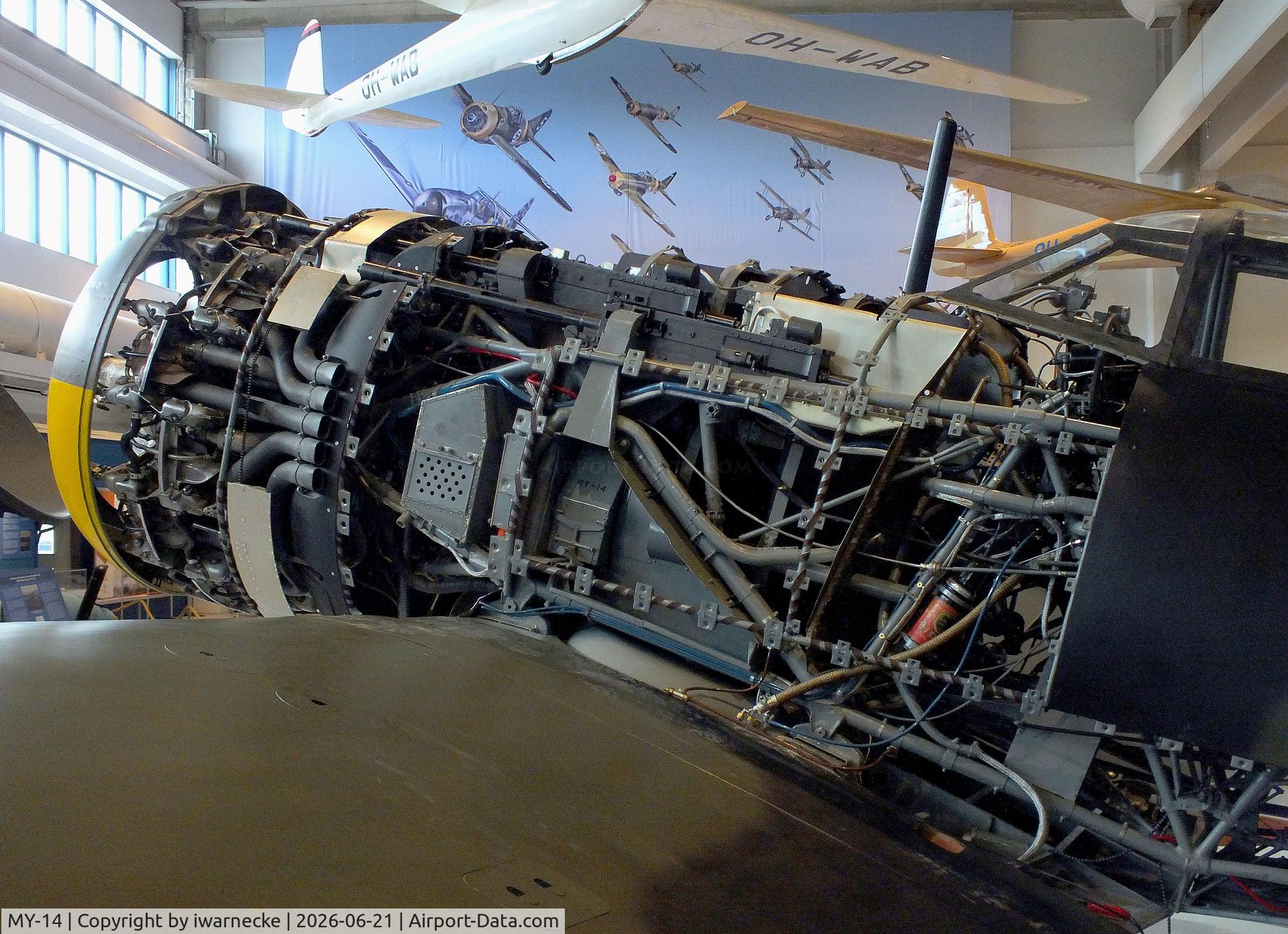 Aircraft MY-14, 1942 VL Myrsky II, c/n II-10, Valtion lentokonetehdas VL Myrsky II (without front fuselage cowlings/control surfaces/prop) at the Suomen Ilmavoimamuseo (Finnish Air Force Museum, formerly known as Keski-Suomen Ilmailumuseo / Aviation Museum of Central Finland), Jyväskylä-Tikkakoski, photo by iwarnecke