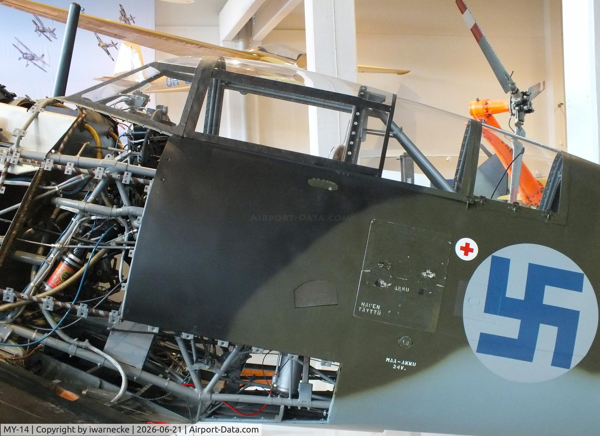 Aircraft MY-14, 1942 VL Myrsky II, c/n II-10, Valtion lentokonetehdas VL Myrsky II (without front fuselage cowlings/control surfaces/prop) at the Suomen Ilmavoimamuseo (Finnish Air Force Museum, formerly known as Keski-Suomen Ilmailumuseo / Aviation Museum of Central Finland), Jyväskylä-Tikkakoski, photo by iwarnecke