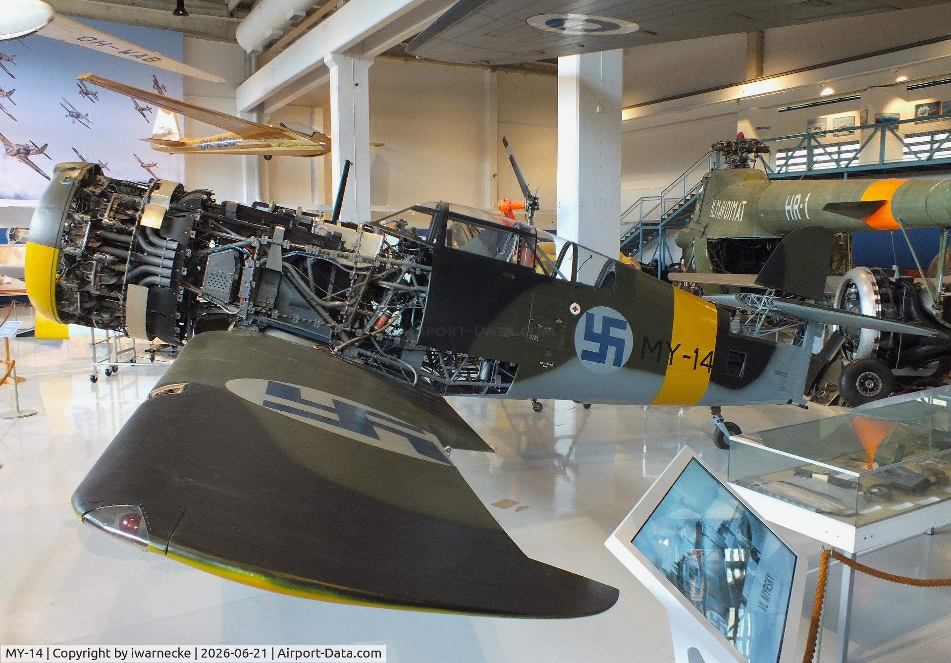 Aircraft MY-14, 1942 VL Myrsky II, c/n II-10, Valtion lentokonetehdas VL Myrsky II (without front fuselage cowlings/control surfaces/prop) at the Suomen Ilmavoimamuseo (Finnish Air Force Museum, formerly known as Keski-Suomen Ilmailumuseo / Aviation Museum of Central Finland), Jyväskylä-Tikkakoski, photo by iwarnecke