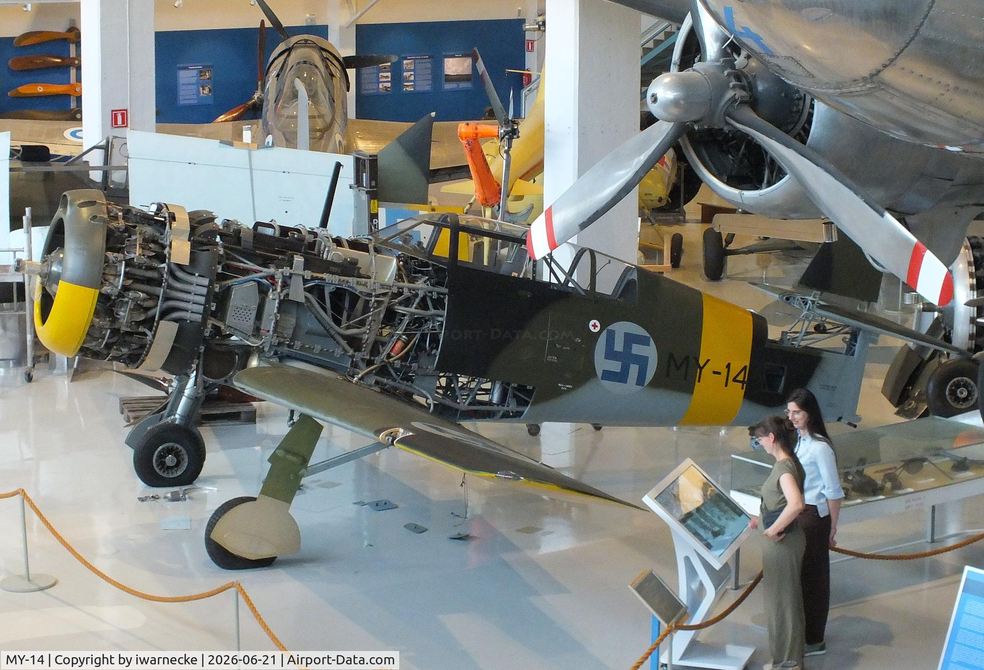 Aircraft MY-14, 1942 VL Myrsky II, c/n II-10, Valtion lentokonetehdas VL Myrsky II (without front fuselage cowlings/control surfaces/prop) at the Suomen Ilmavoimamuseo (Finnish Air Force Museum, formerly known as Keski-Suomen Ilmailumuseo / Aviation Museum of Central Finland), Jyväskylä-Tikkakoski, photo by iwarnecke