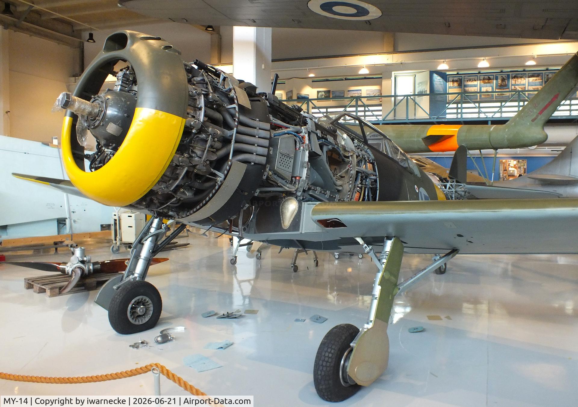 Aircraft MY-14, 1942 VL Myrsky II, c/n II-10, Valtion lentokonetehdas VL Myrsky II (without front fuselage cowlings/control surfaces/prop) at the Suomen Ilmavoimamuseo (Finnish Air Force Museum, formerly known as Keski-Suomen Ilmailumuseo / Aviation Museum of Central Finland), Jyväskylä-Tikkakoski, photo by iwarnecke