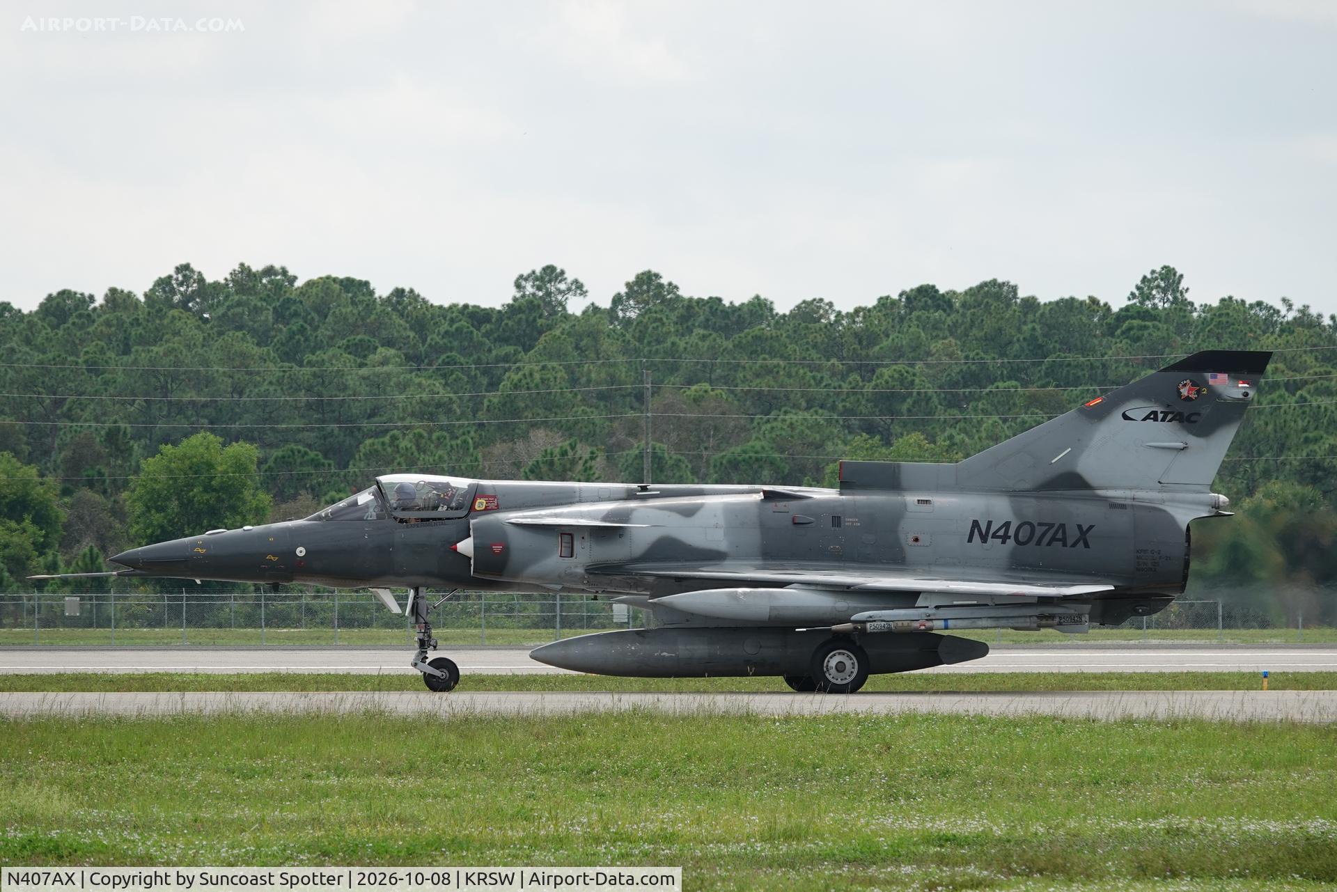 Aircraft N407AX, 1981 Israel Aircraft Industries F21KFIR-C2, c/n 125, A F-21 Kfir C2 taxis at Southwest Florida International Airport enroute to training in the Gulf of America, at KRSW, photo by Suncoast Spotter
