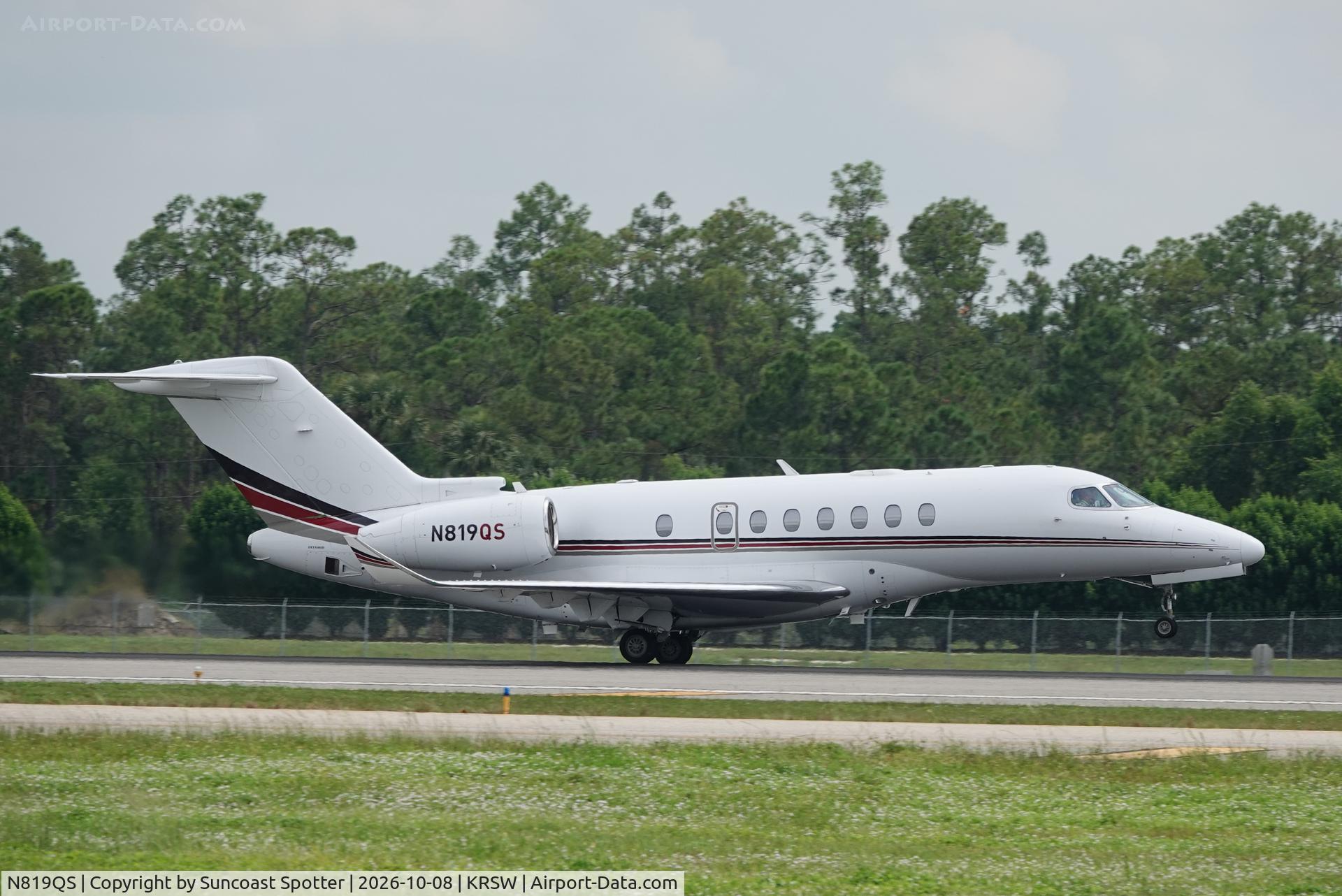 Aircraft N819QS, 2021 Cessna 700 Citation Longitude, c/n 700-0056, Execjet 819 departs Southwest Florida International Airport enroute to Waycross-Ware County Airport, at KRSW, photo by Suncoast Spotter