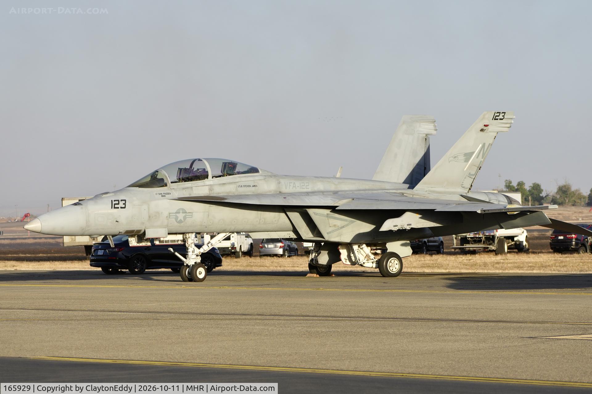 Aircraft 165929, Boeing F/A-18F Super Hornet, c/n F075, California Capital Airshow 2026, at MHR, photo by ClaytonEddy