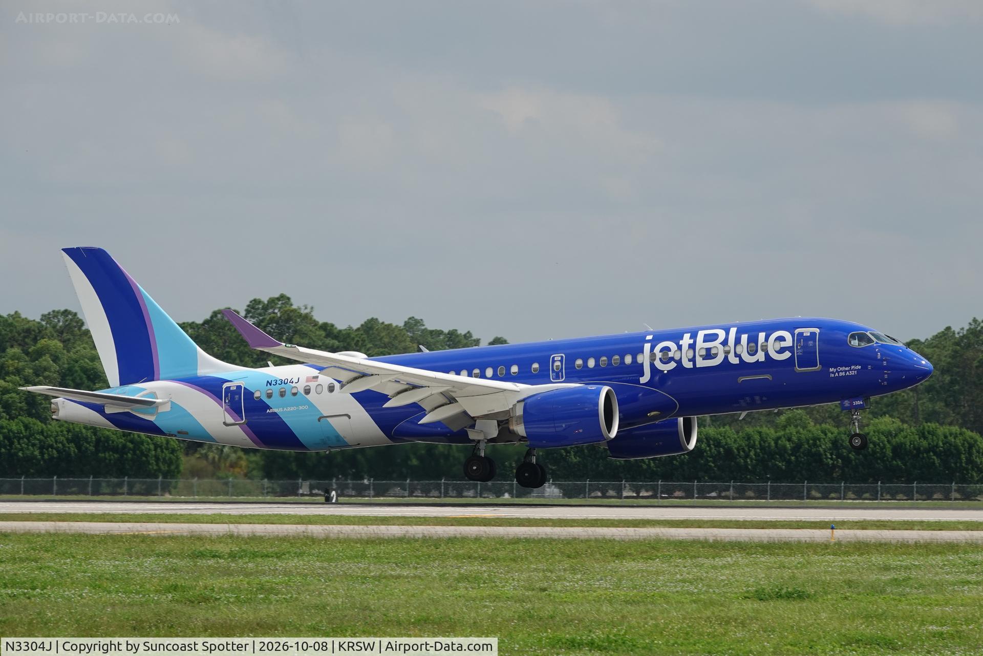 Aircraft N3304J, 2026 Airbus A220-371, c/n 55432, JetBlue 1165 arrives at Southwest Florida International Airport following flight from Boston-Logan International Airport, at KRSW, photo by Suncoast Spotter