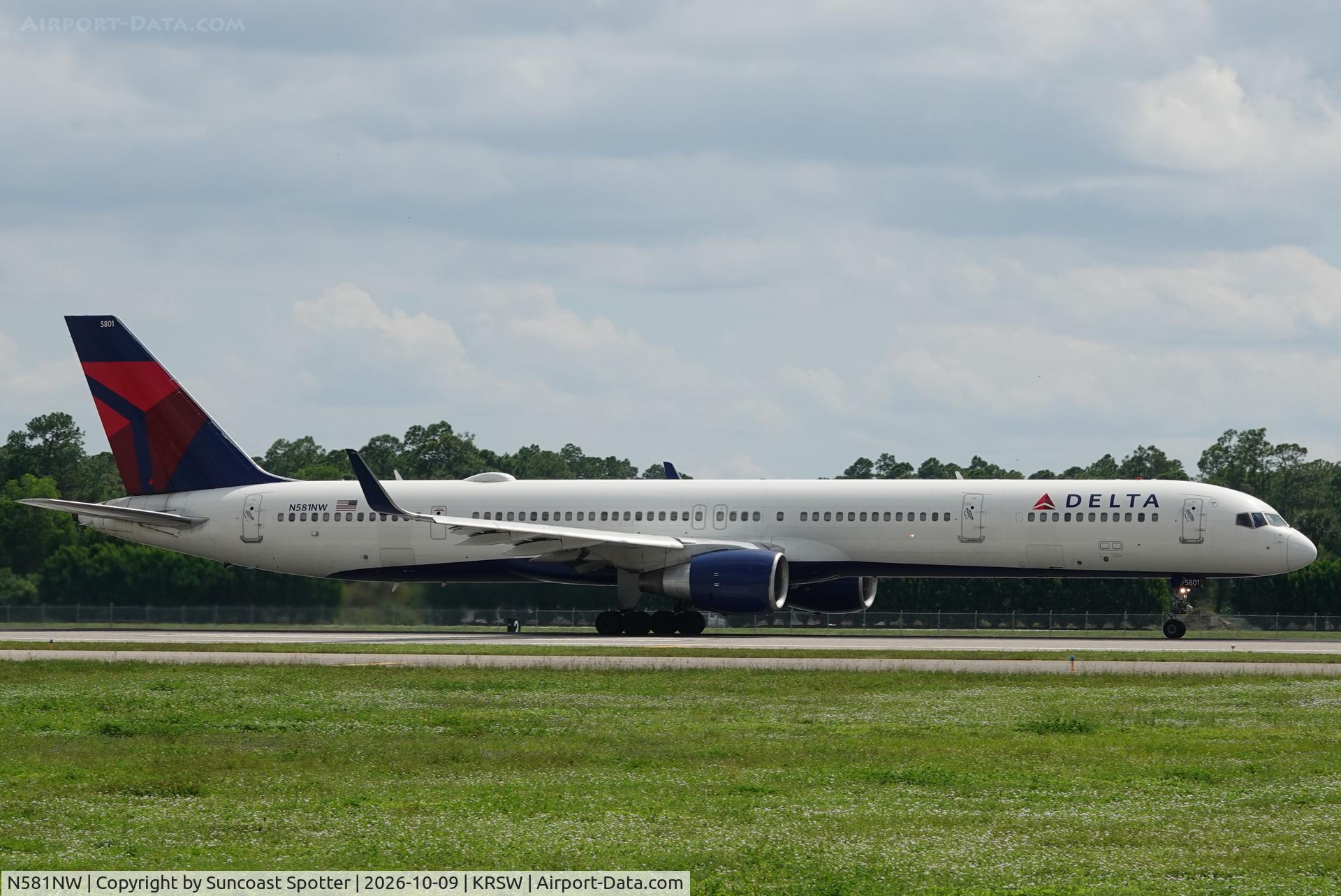Aircraft N581NW, 2002 Boeing 757-351, c/n 32982, Delta 2001 departs Southwest Florida International Airport enroute to Detroit Metro Airport, at KRSW, photo by Suncoast Spotter
