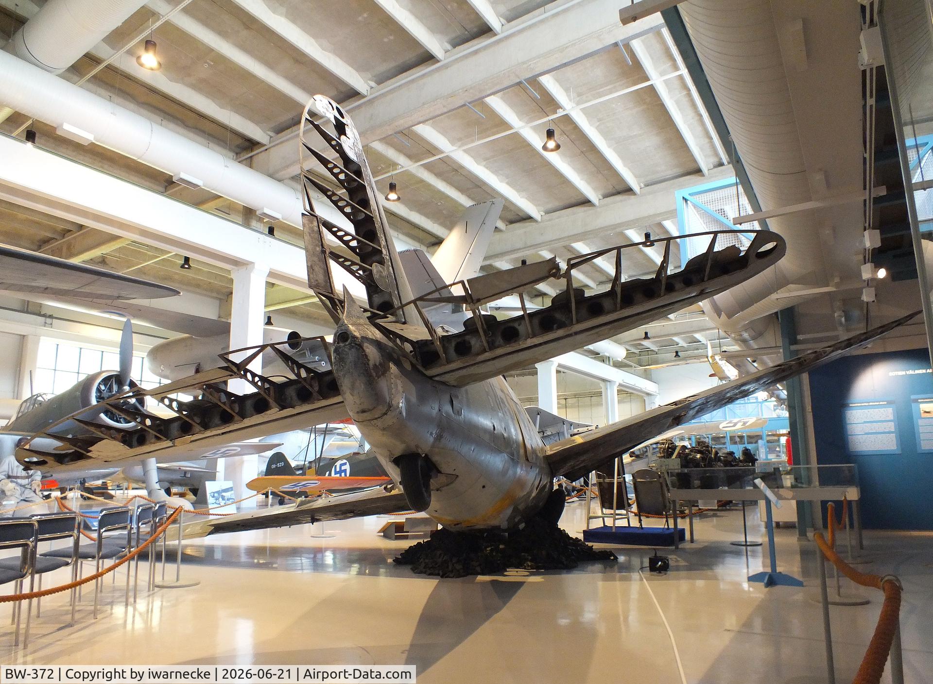 Aircraft BW-372, Brewster B-239 Buffalo, c/n 39, Brewster B-239 Buffalo (displayed unrestored) at the Suomen Ilmavoimamuseo (Finnish Air Force Museum, formerly known as Keski-Suomen Ilmailumuseo / Aviation Museum of Central Finland), Jyväskylä-Tikkakoski, photo by iwarnecke