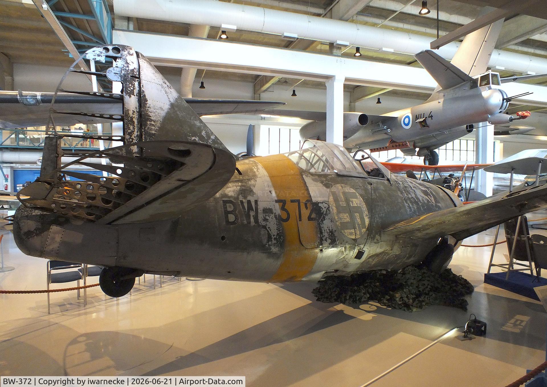 Aircraft BW-372, Brewster B-239 Buffalo, c/n 39, Brewster B-239 Buffalo (displayed unrestored) at the Suomen Ilmavoimamuseo (Finnish Air Force Museum, formerly known as Keski-Suomen Ilmailumuseo / Aviation Museum of Central Finland), Jyväskylä-Tikkakoski, photo by iwarnecke