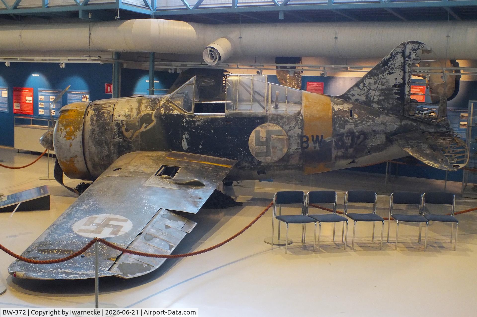 Aircraft BW-372, Brewster B-239 Buffalo, c/n 39, Brewster B-239 Buffalo (displayed unrestored) at the Suomen Ilmavoimamuseo (Finnish Air Force Museum, formerly known as Keski-Suomen Ilmailumuseo / Aviation Museum of Central Finland), Jyväskylä-Tikkakoski, photo by iwarnecke