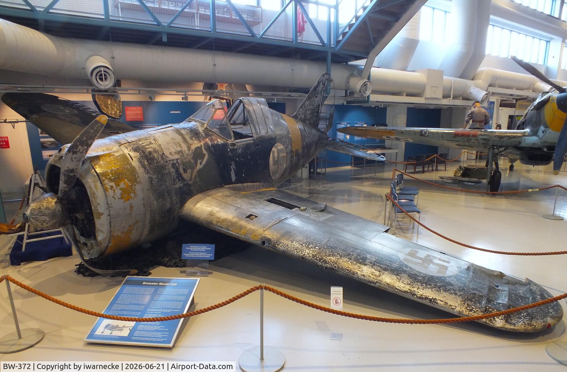 Aircraft BW-372, Brewster B-239 Buffalo, c/n 39, Brewster B-239 Buffalo (displayed unrestored) at the Suomen Ilmavoimamuseo (Finnish Air Force Museum, formerly known as Keski-Suomen Ilmailumuseo / Aviation Museum of Central Finland), Jyväskylä-Tikkakoski, photo by iwarnecke