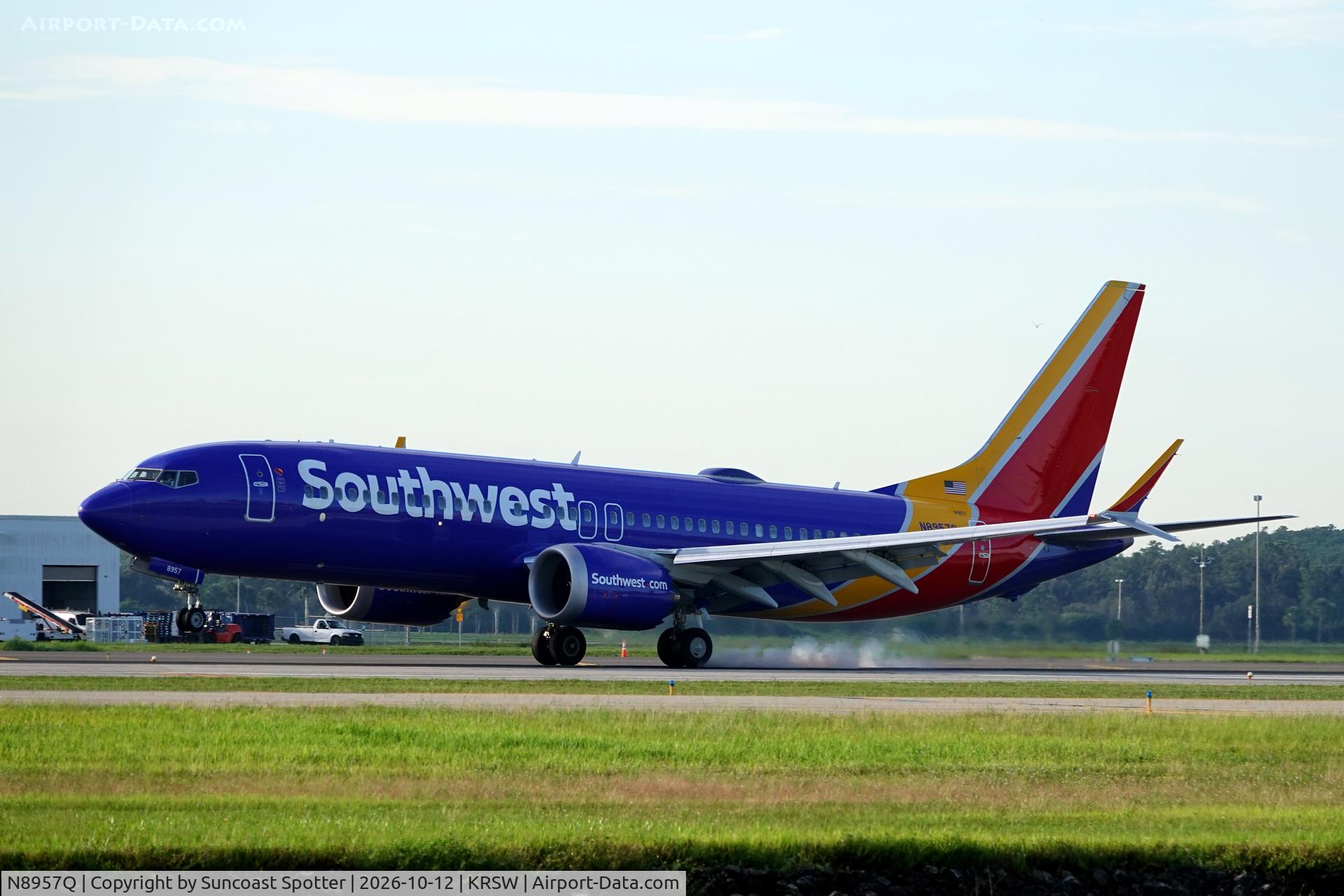 Aircraft N8957Q, 2025 Boeing 737 MAX 8, c/n 68892 l/n 9178, Southwest 1110 arrives at Southwest Florida International Airport following flight from St Louis-Lambert International Airport, at KRSW, photo by Suncoast Spotter