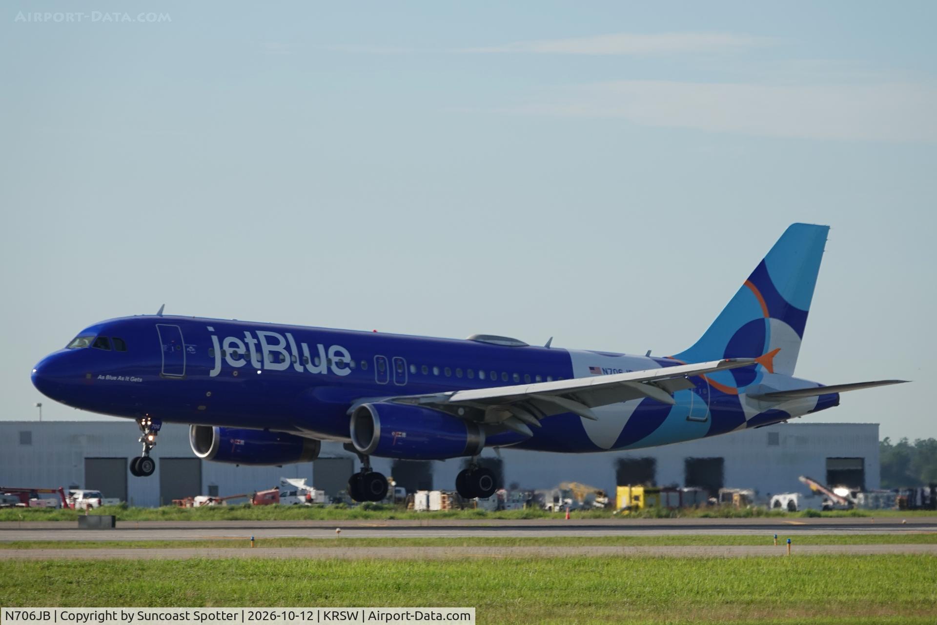 Aircraft N706JB, 2008 Airbus A320-232, c/n 3451, JetBlue 1551 arrives at Southwest Florida International Airport following flight from Westchester County Airport, at KRSW, photo by Suncoast Spotter