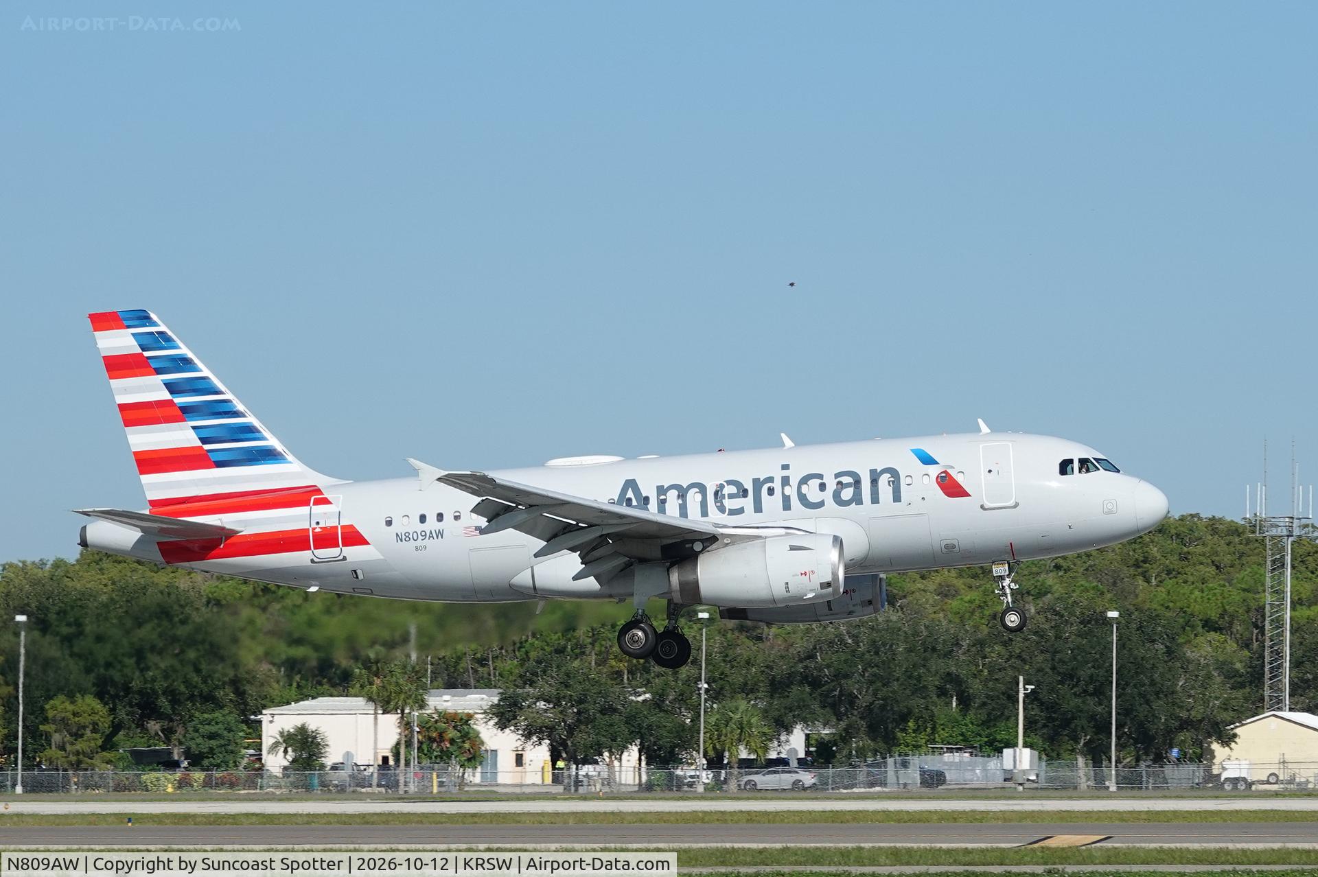 Aircraft N809AW, 1999 Airbus A319-132, c/n 1111, American 2916 arrives at Southwest Florida International Airport following flight from Reagan National Airport, at KRSW, photo by Suncoast Spotter