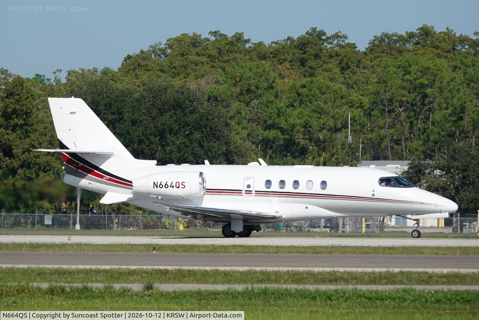 Aircraft N664QS, 2019 Cessna 680A Citation Latitude, c/n 680A0200, Execjet 664 departs Southwest Florida International Airport enroute to Ocean Reef Airport, at KRSW, photo by Suncoast Spotter