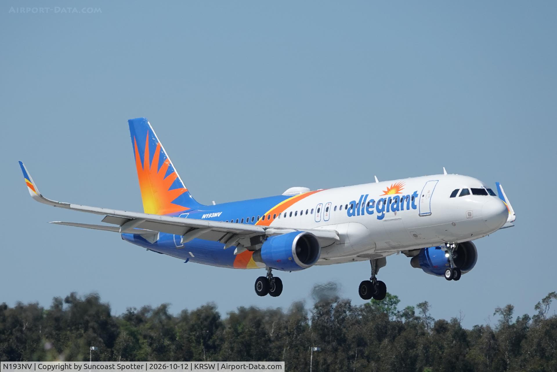 Aircraft N193NV, 2015 Airbus A320-214, c/n 6835, Allegiant 1557 arrives at Southwest Florida International Airport following flight from Appleton International Airport, at KRSW, photo by Suncoast Spotter