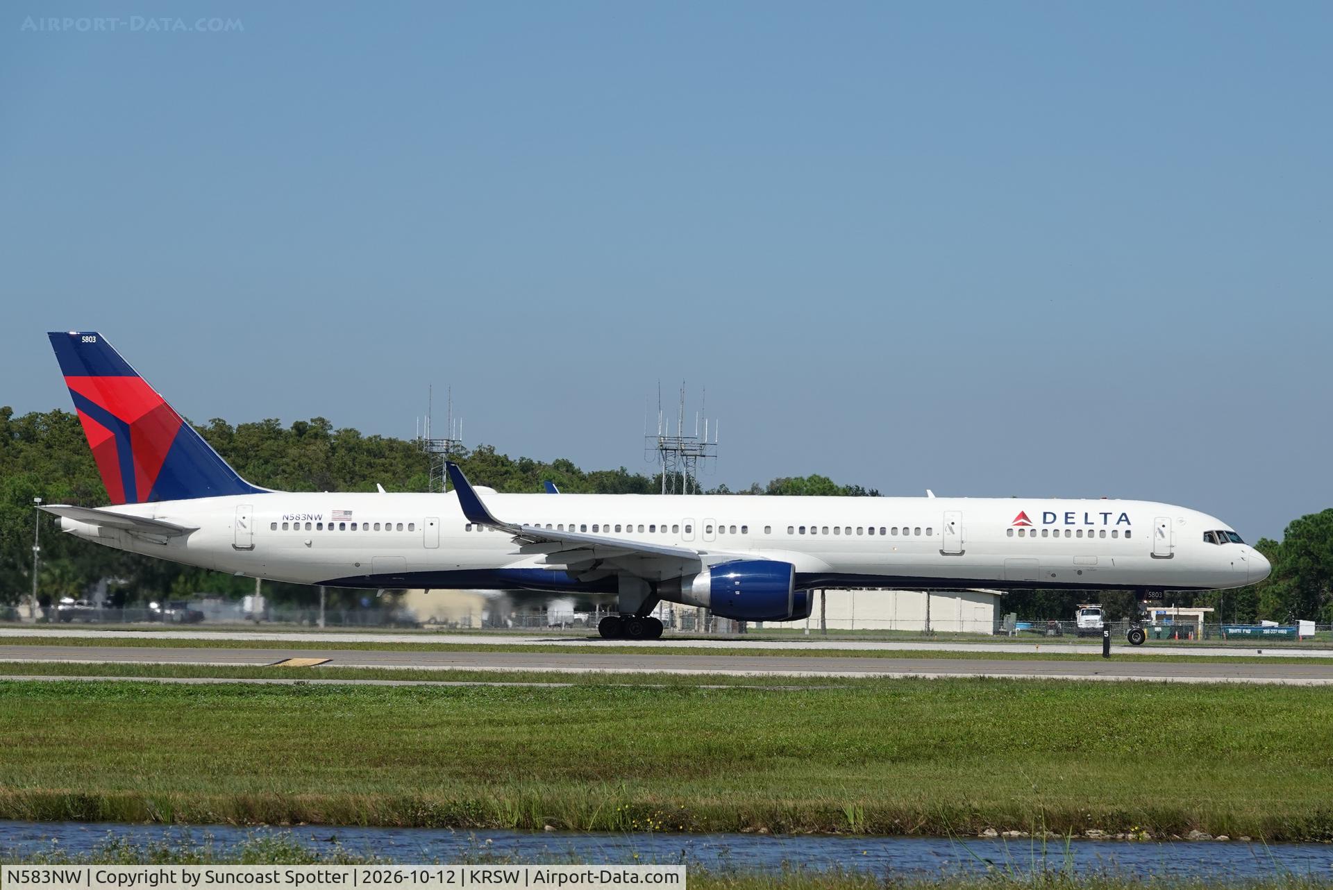 Aircraft N583NW, 2002 Boeing 757-351, c/n 32983, Delta 2001 departs Southwest Florida International Airport enroute to Detroit Metro Airport, at KRSW, photo by Suncoast Spotter