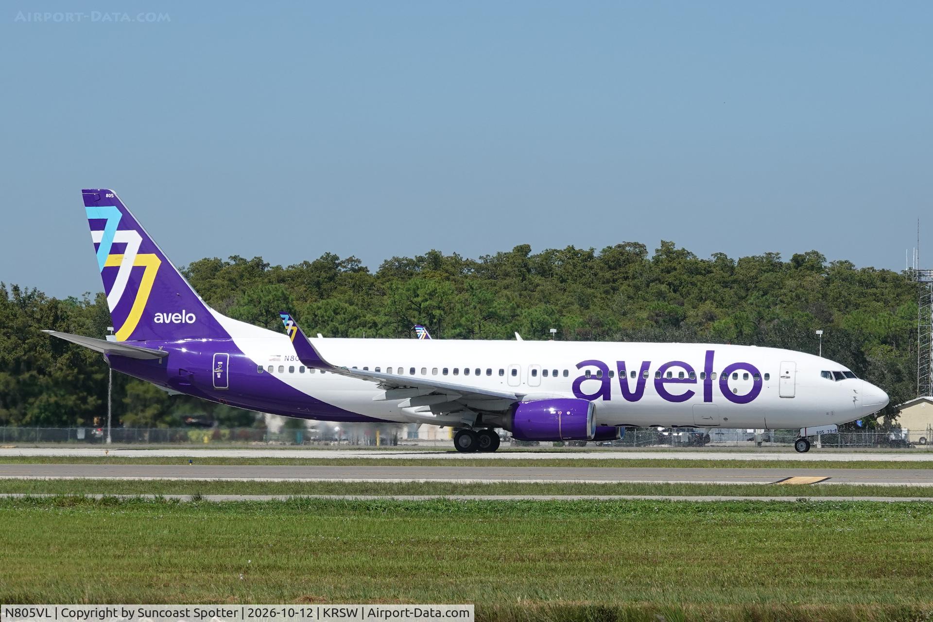 Aircraft N805VL, 2012 Boeing 737-86N, c/n 39401, Avelo 358 departs Southwest Florida International Airport enroute to Tweed New Haven Airport, at KRSW, photo by Suncoast Spotter