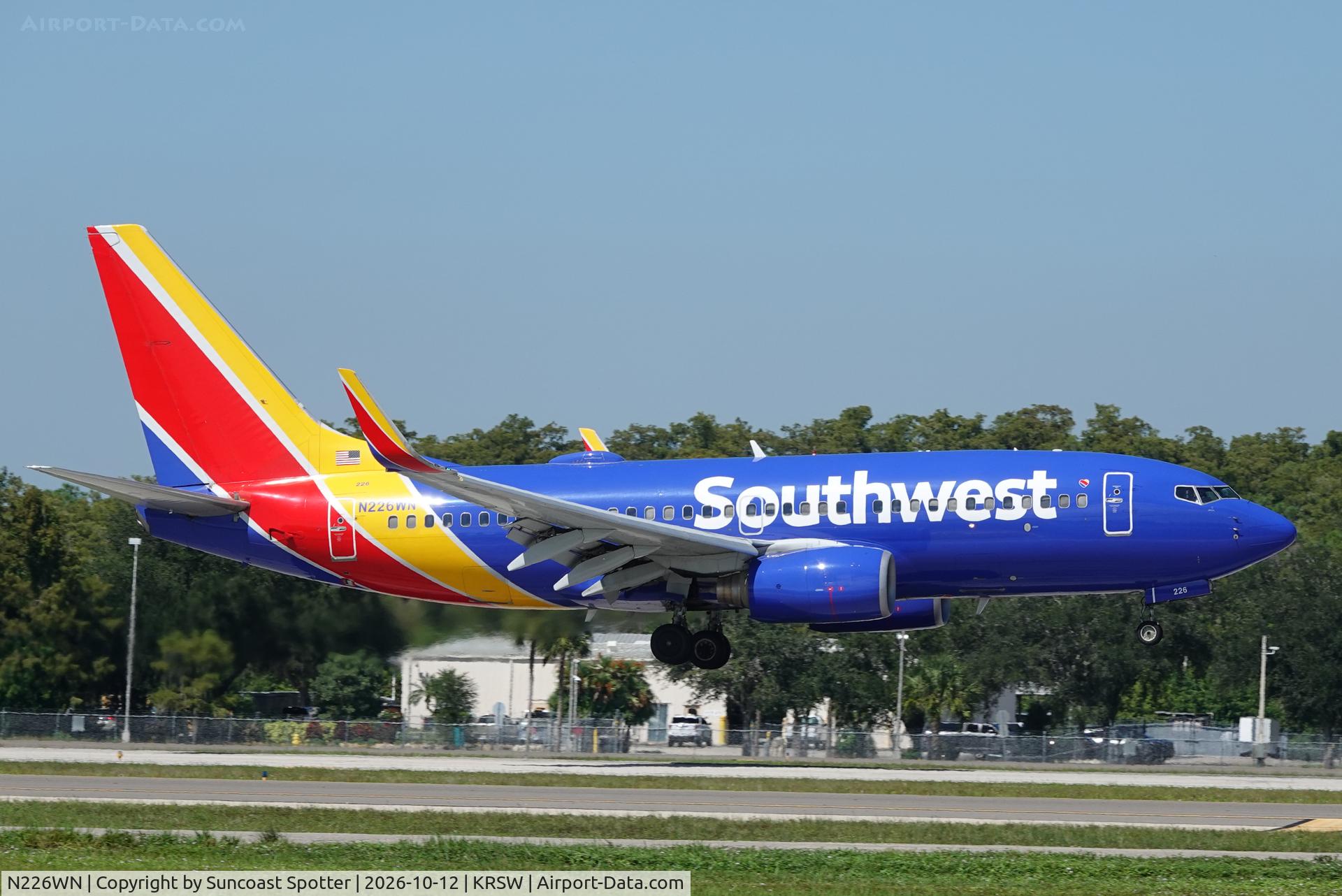 Aircraft N226WN, 2005 Boeing 737-7H4, c/n 32494, Southwest 700 arrives at Southwest Florida International Airport following flight from Nashville International Airport, at KRSW, photo by Suncoast Spotter
