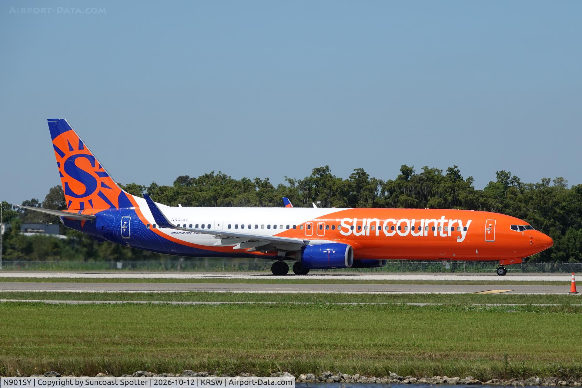 Aircraft N901SY, 2014 Boeing 737-91MER, c/n 40069 l/n 5150, Sun Country 384 departs Southwest Florida International Airport enroute to Minneapolis-St Paul International Airport, at KRSW, photo by Suncoast Spotter