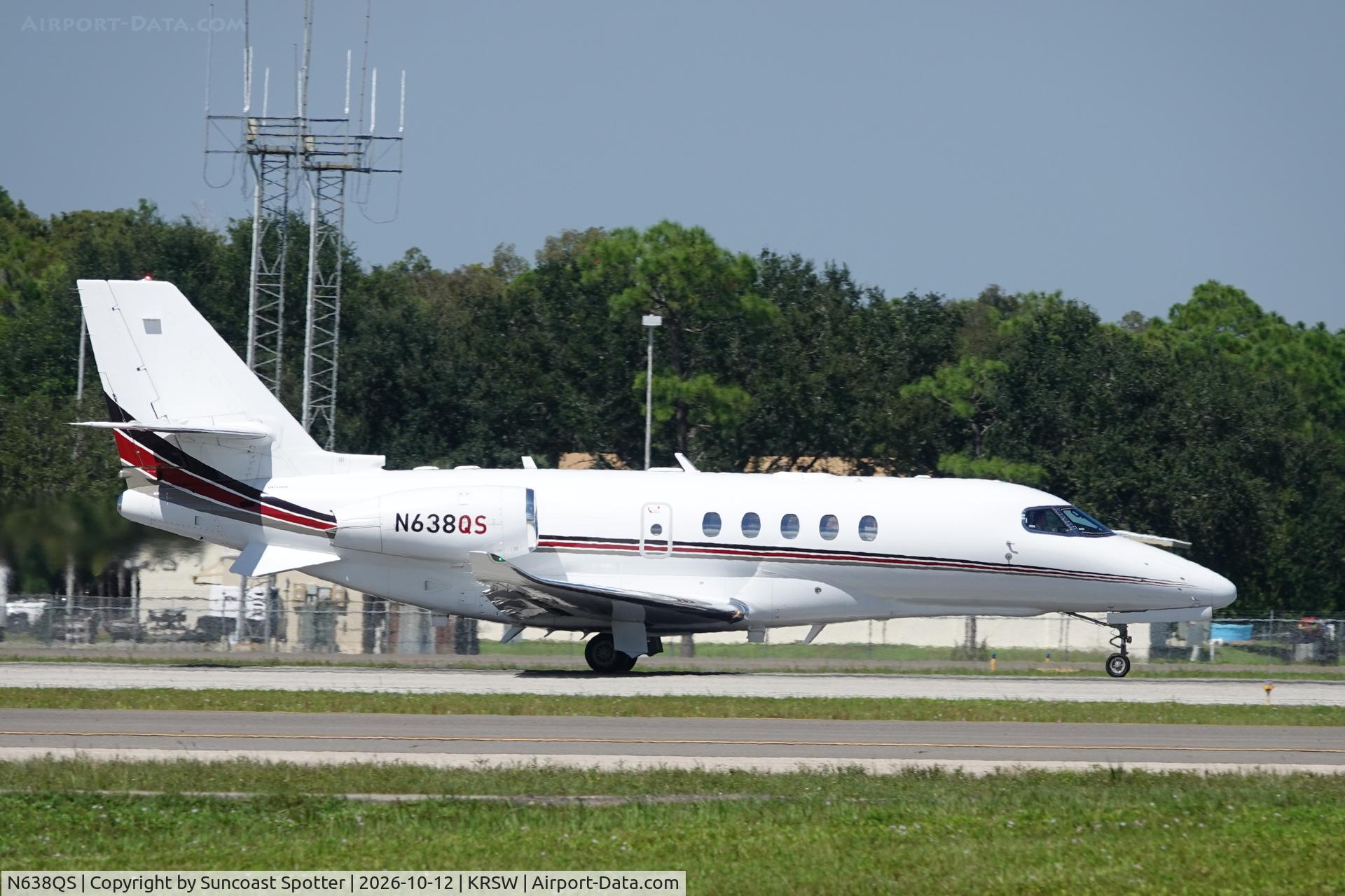 Aircraft N638QS, 2022 Textron Aviation (Cessna) 680A Citation Latitude, c/n 680A0330, Execjet 638 departs Southwest Florida International Airport enroute to Charlotte-Douglas International Airport, at KRSW, photo by Suncoast Spotter