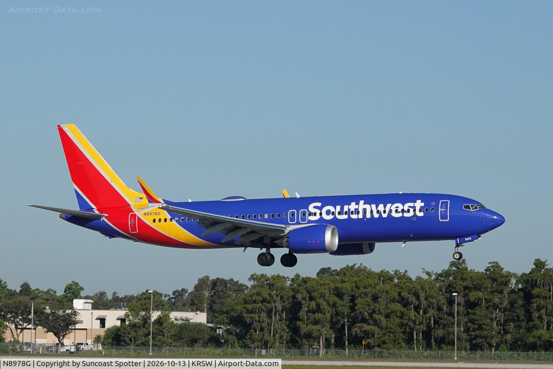Aircraft N8978G, 2025 Boeing 737 MAX 8, c/n 69677 l/n 9360, Southwest 3815 arrives at Southwest Florida International Airport following flight from St Louis-Lambert International Airport, at KRSW, photo by Suncoast Spotter