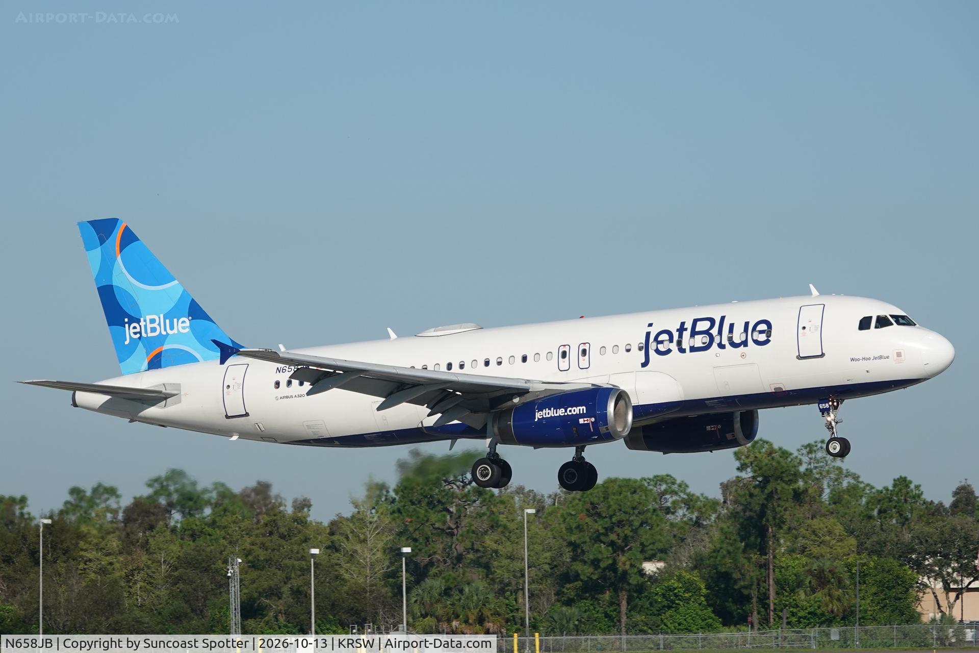 Aircraft N658JB, 2007 Airbus A320-232, c/n 3150, JetBlue 1551 arrives at Southwest Florida International Airport following flight from Westchester County Airport, at KRSW, photo by Suncoast Spotter
