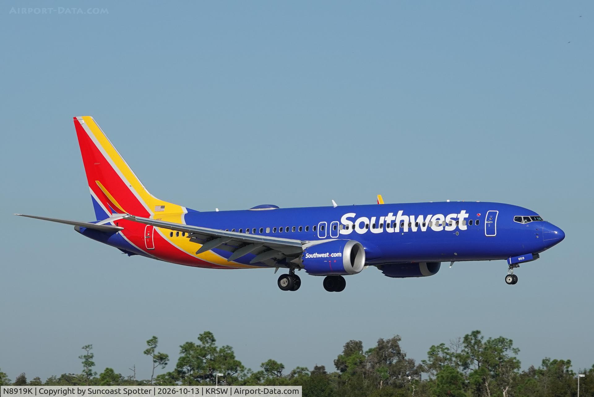 Aircraft N8919K, 2024 Boeing 737-8 MAX, c/n 68207 l/n 8835, Southwest 181 arrives at Southwest Florida International Airport following flight from John Glenn Columbus International Airport, at KRSW, photo by Suncoast Spotter