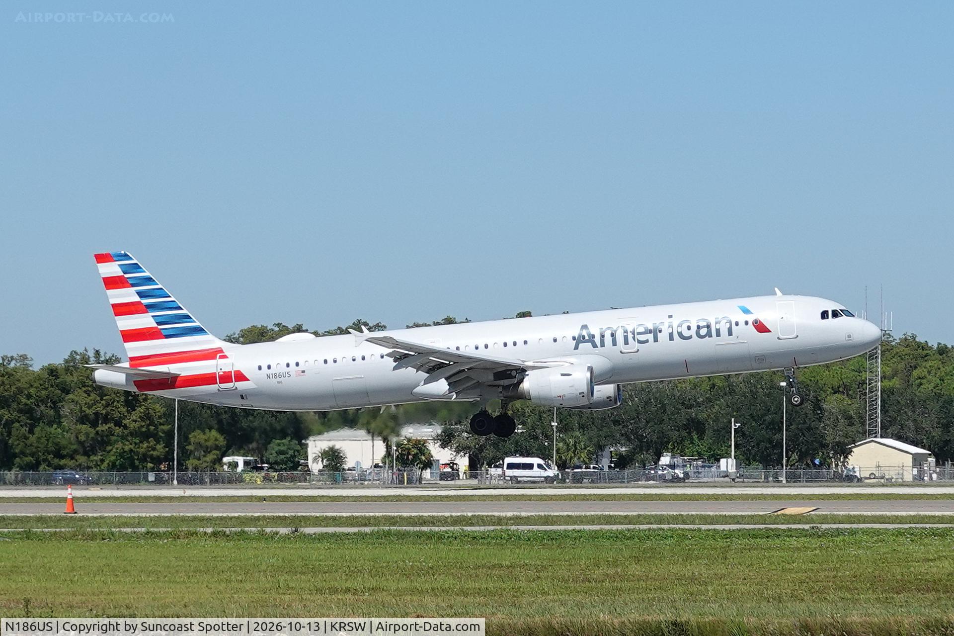 Aircraft N186US, 2002 Airbus A321-211, c/n 1701, American 1781 arrives at Southwest Florida International Airport following flight from Charlotte-Douglas International Airport, at KRSW, photo by Suncoast Spotter