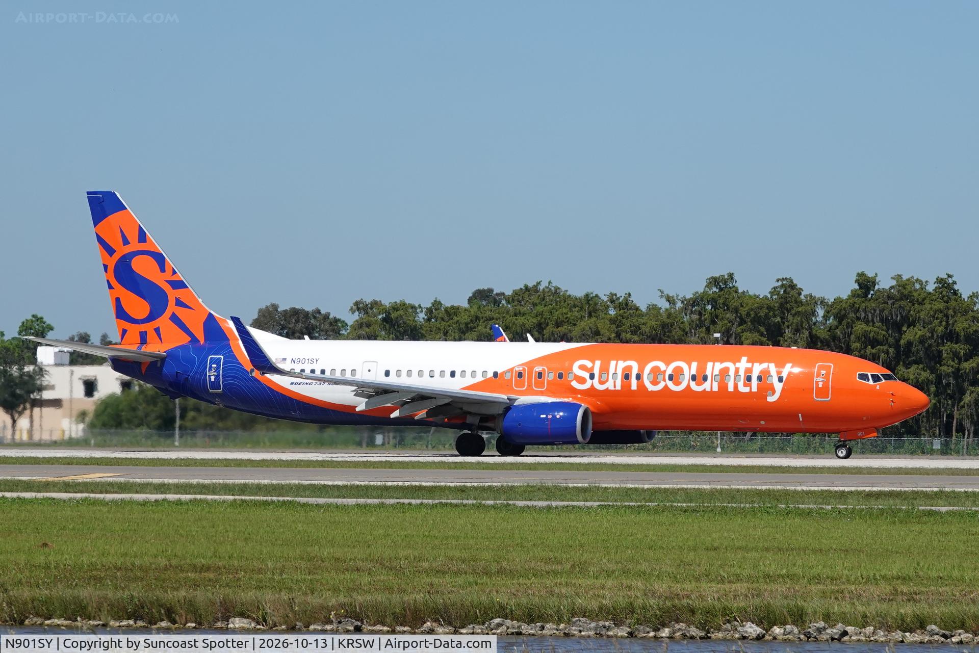 Aircraft N901SY, 2014 Boeing 737-91MER, c/n 40069 l/n 5150, Sun Country 384 departs Southwest Florida International Airport enroute to Minneapolis-St Paul International Airport, at KRSW, photo by Suncoast Spotter