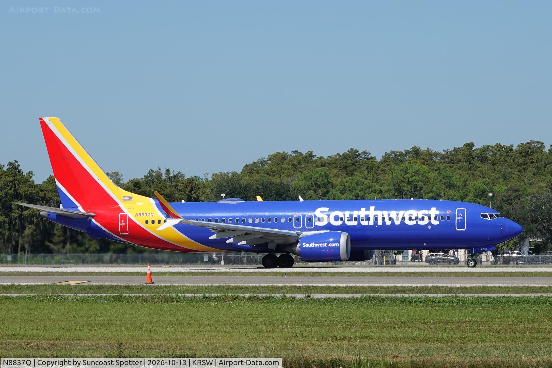 Aircraft N8837Q, 2022 Boeing 737 MAX 8, c/n 67485 l/n 8468, Southwest 3600 departs Southwest Florida International Airport enroute to Nashville International Airport, at KRSW, photo by Suncoast Spotter
