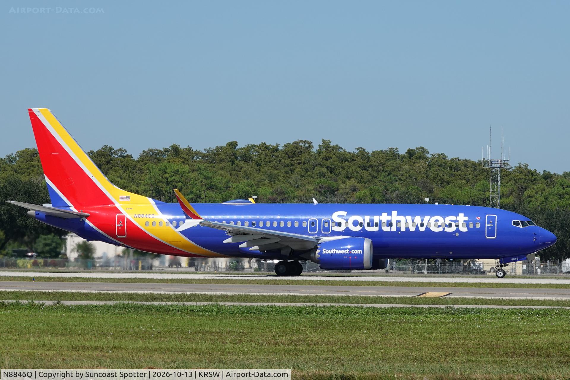 Aircraft N8846Q, 2023 Boeing 737 MAX 8, c/n 67490 l/n 8507, Southwest 3332 departs Southwest Florida International Airport enroute to Chicago–Midway International Airport, at KRSW, photo by Suncoast Spotter