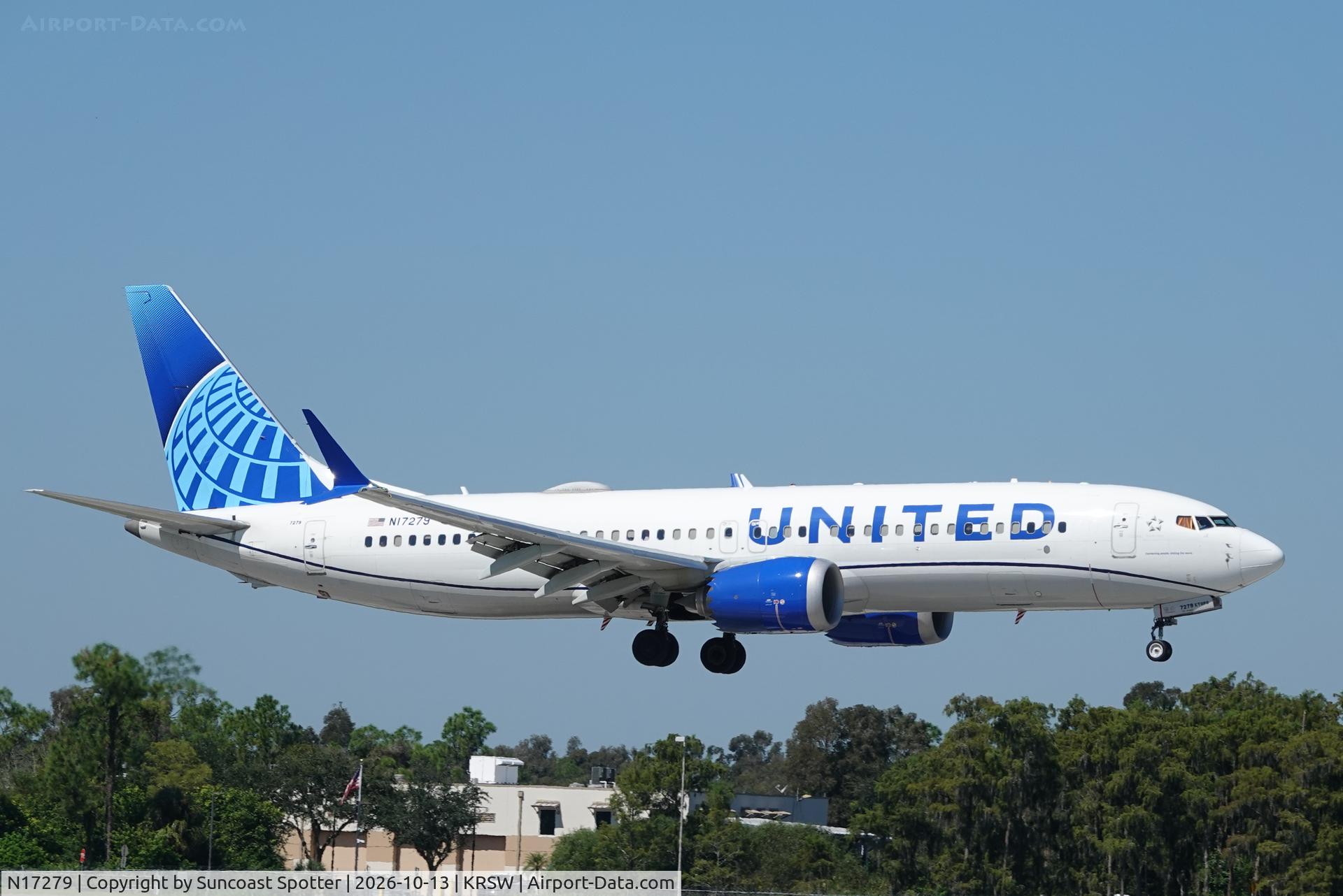 Aircraft N17279, 2022 Boeing 737 MAX 8, c/n 64613 l/n 7771, United 1036 arrives at Southwest Florida International Airport following flight from Chicago-O’Hare International Airport, at KRSW, photo by Suncoast Spotter