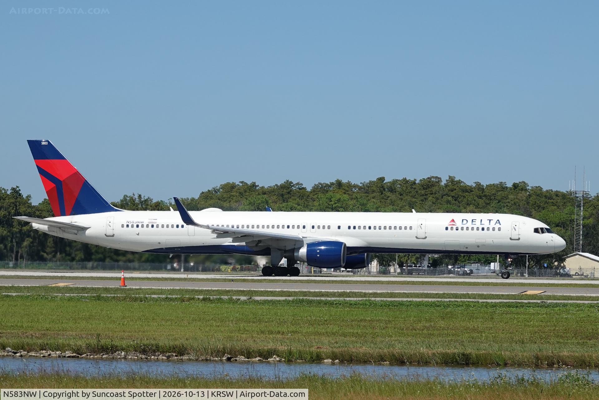 Aircraft N583NW, 2002 Boeing 757-351, c/n 32983, Delta 2001 departs Southwest Florida International Airport enroute to Detroit Metro Airport, at KRSW, photo by Suncoast Spotter