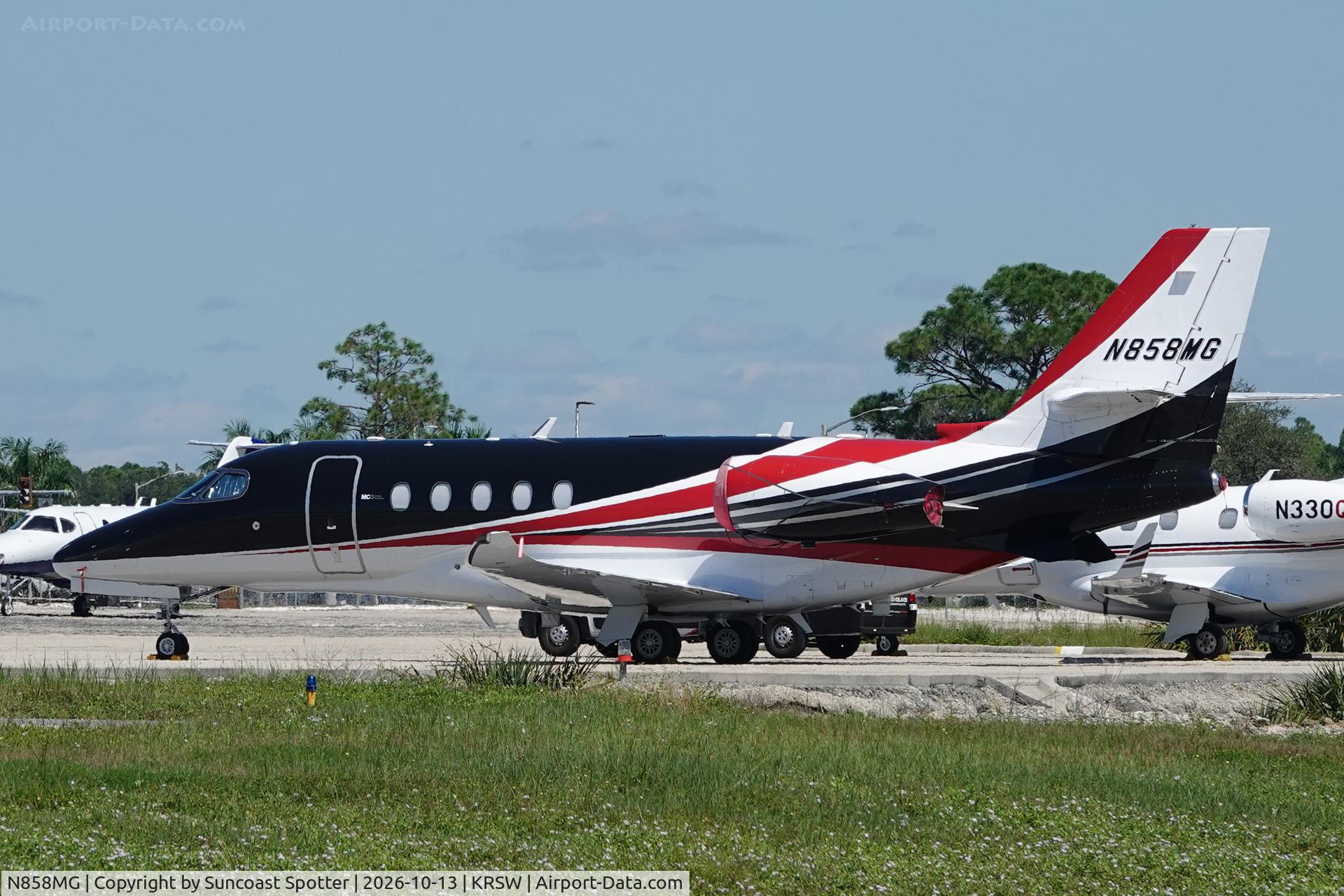 Aircraft N858MG, 2014 Cessna 680A Citation Latitude, c/n 680A0002, Citation 858MG sits on the Private Sky ramp at Southwest Florida International Airport, at KRSW, photo by Suncoast Spotter