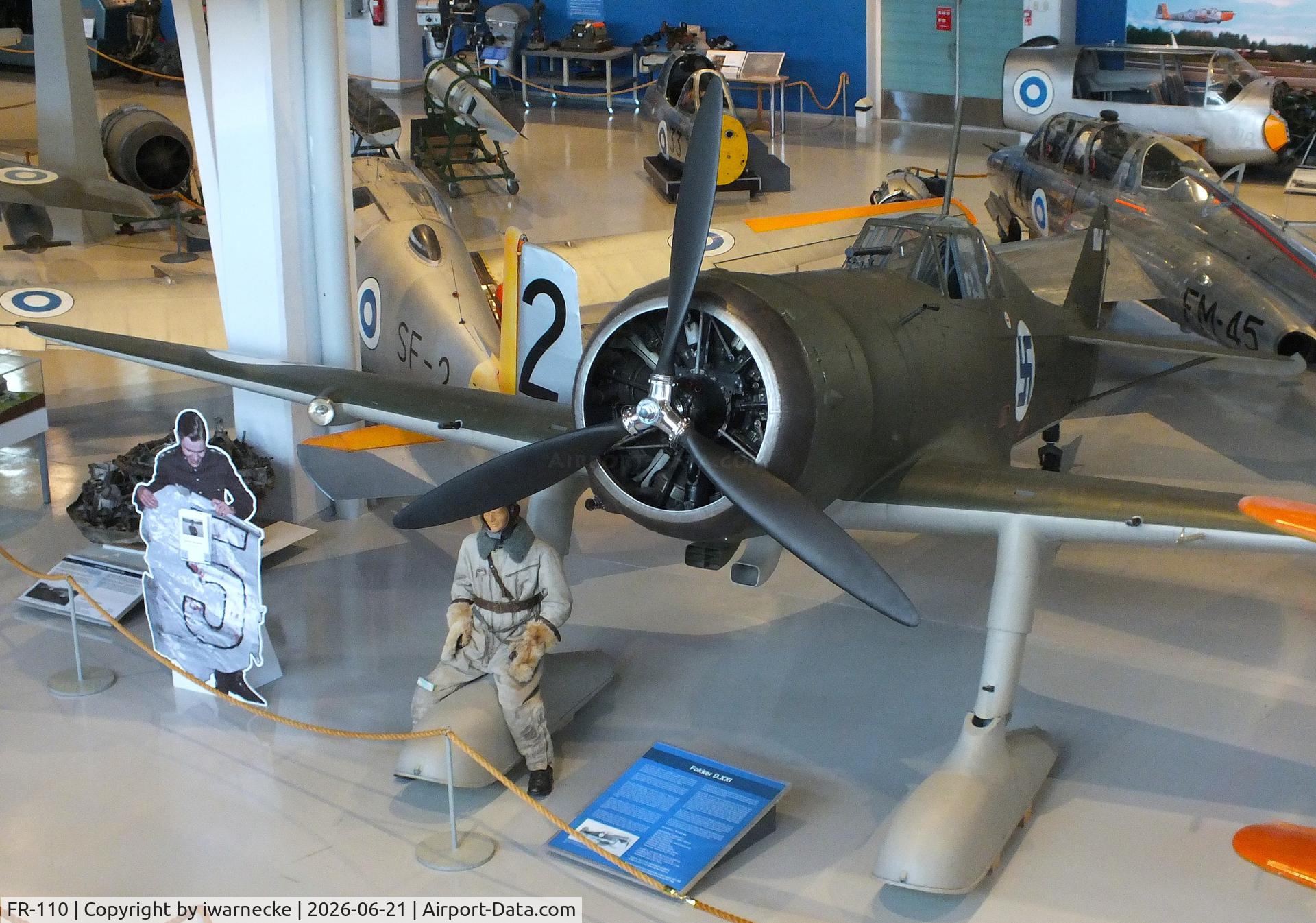 Aircraft FR-110, Fokker D.XXI, c/n III/11, Fokker D.XXI on skis at the Suomen Ilmavoimamuseo (Finnish Air Force Museum, formerly known as Keski-Suomen Ilmailumuseo / Aviation Museum of Central Finland), Jyväskylä-Tikkakoski, photo by iwarnecke