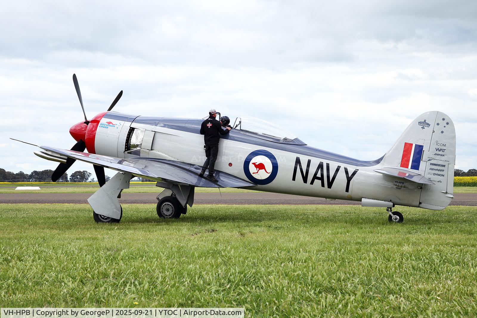 Aircraft VH-HPB, 1949 Hawker Sea Fury T.20, c/n 37525, Tocumwal airshow 2025., at YTOC, photo by GeorgeP