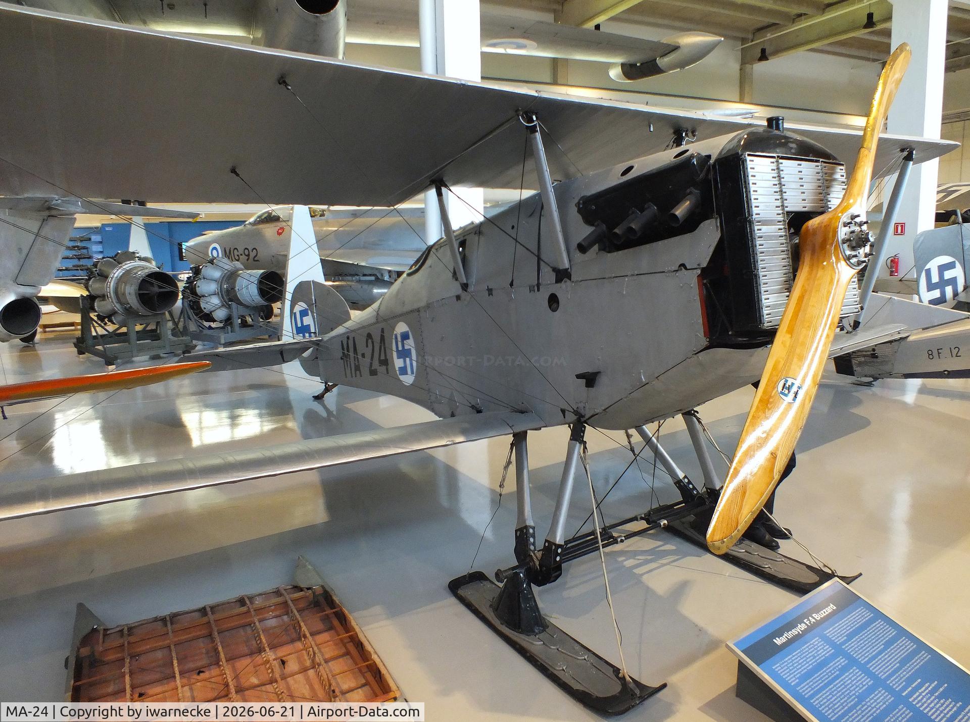 Aircraft MA-24, Martinsyde F.4 Buzzard, c/n D4326, Martinsyde F.4 Buzzard on skis at the Suomen Ilmavoimamuseo (Finnish Air Force Museum, formerly known as Keski-Suomen Ilmailumuseo / Aviation Museum of Central Finland), Jyväskylä-Tikkakoski, photo by iwarnecke