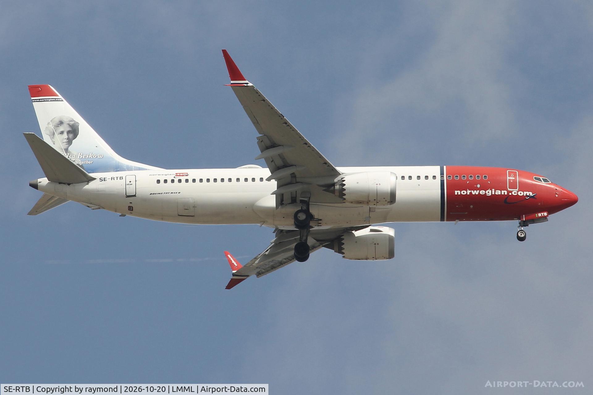 Aircraft SE-RTB, 2018 Boeing 737-8 MAX, c/n 63972, Boeing 737-8 MAX reg SE-RTB of Norwegian Air Sweden on final approach for RW13 landing in Malta., at LMML, photo by raymond
