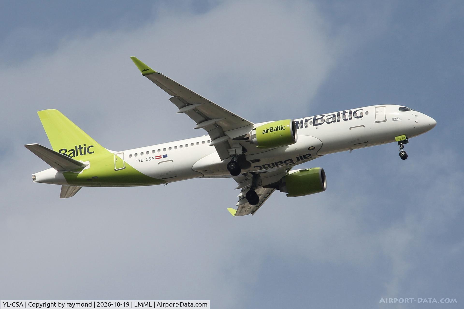 Aircraft YL-CSA, 2016 Bombardier CSeries CS300 (BD-500-1A11), c/n 55003, Bombardier CSeries CS300 reg YL-CSA of Air Baltic on approach RW13 landing in Malta., at LMML, photo by raymond