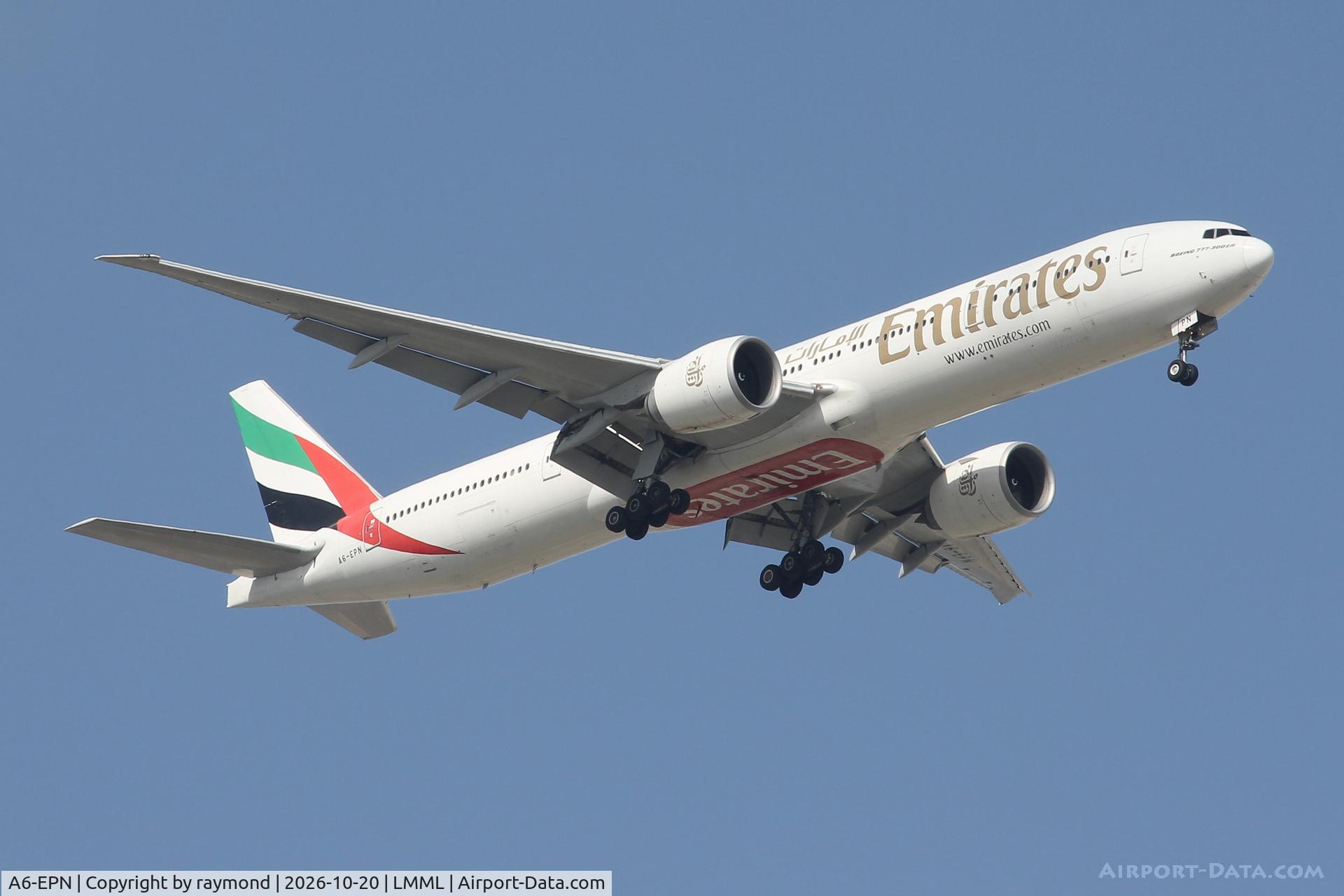 Aircraft A6-EPN, 2016 Boeing 777-31H/ER, c/n 42333 l/n 1408, Boeing 777-31H/ER reg A6-EPN of Emirates Airlines approaching RW13 MLA., at LMML, photo by raymond